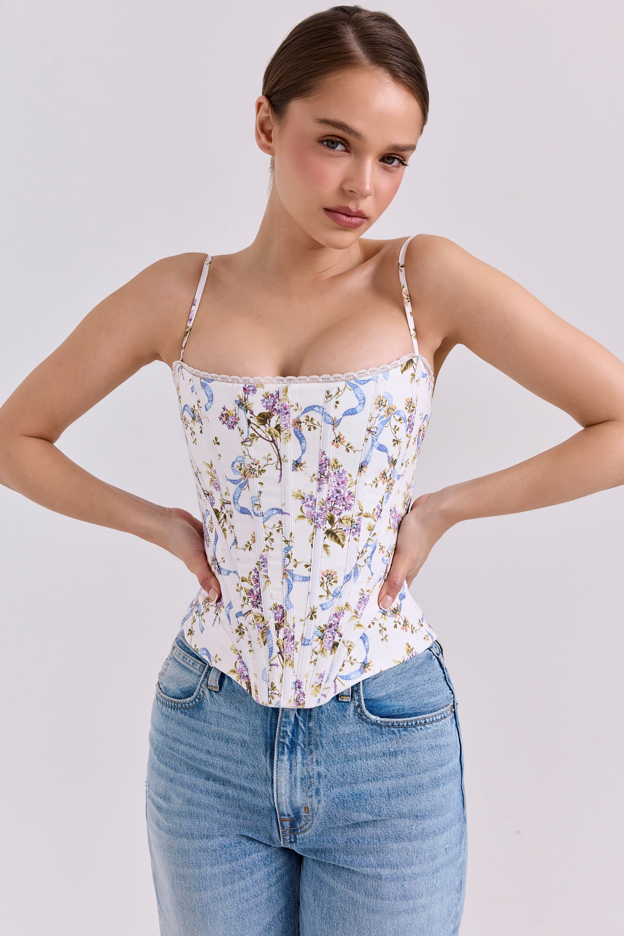 white floral ribbon print cotton corset top