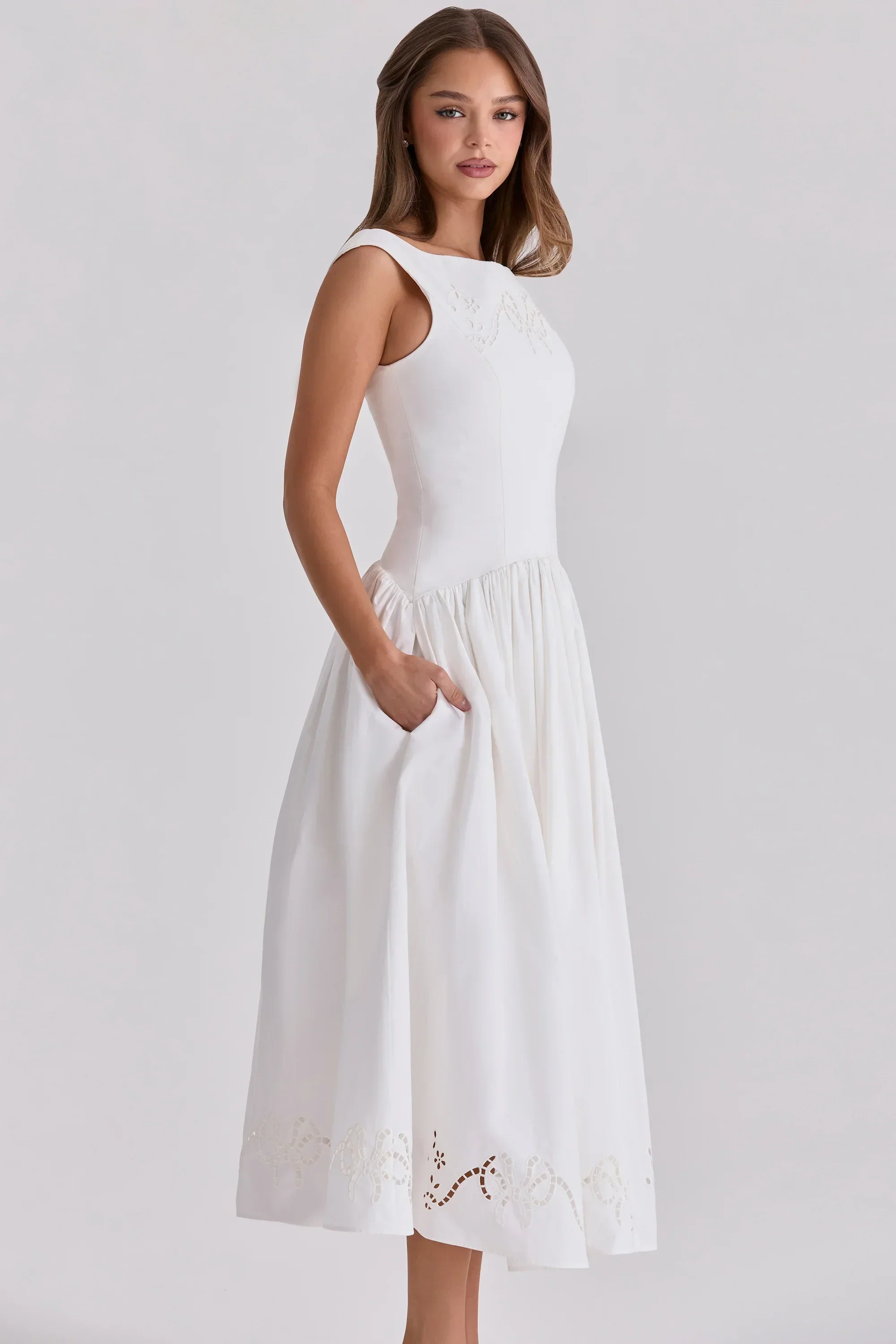white cotton broderie anglaise boat neck maxi dress - luluinthesky
