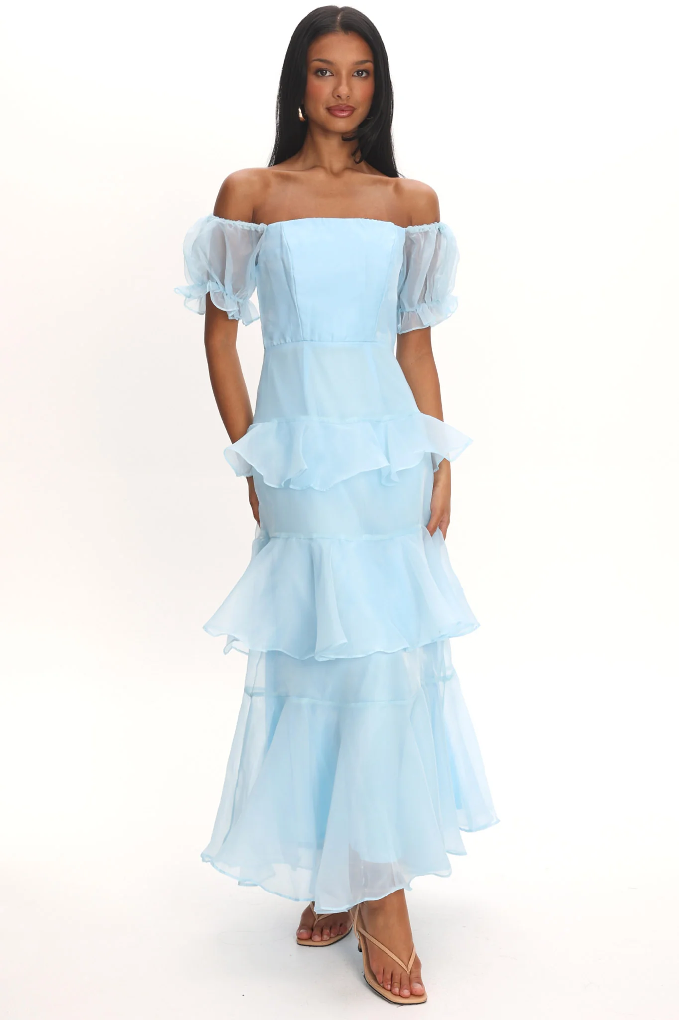 Delwynn Puff Sleeve Layered Midi Dress Blue