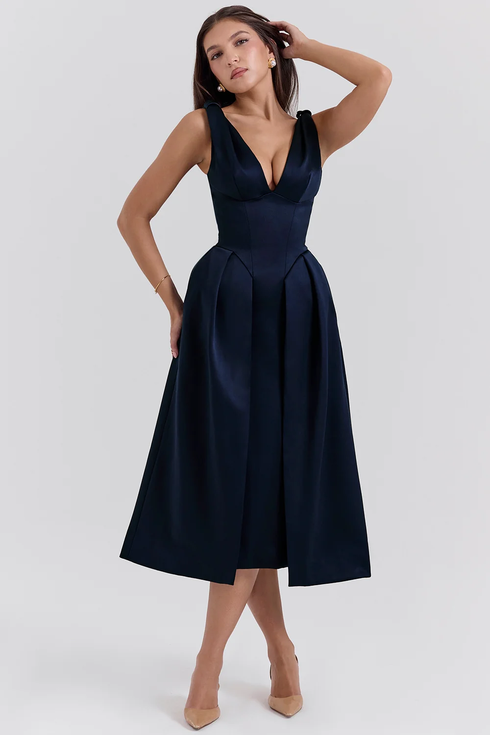 Midnight Twist Strap Satin Midi Dress