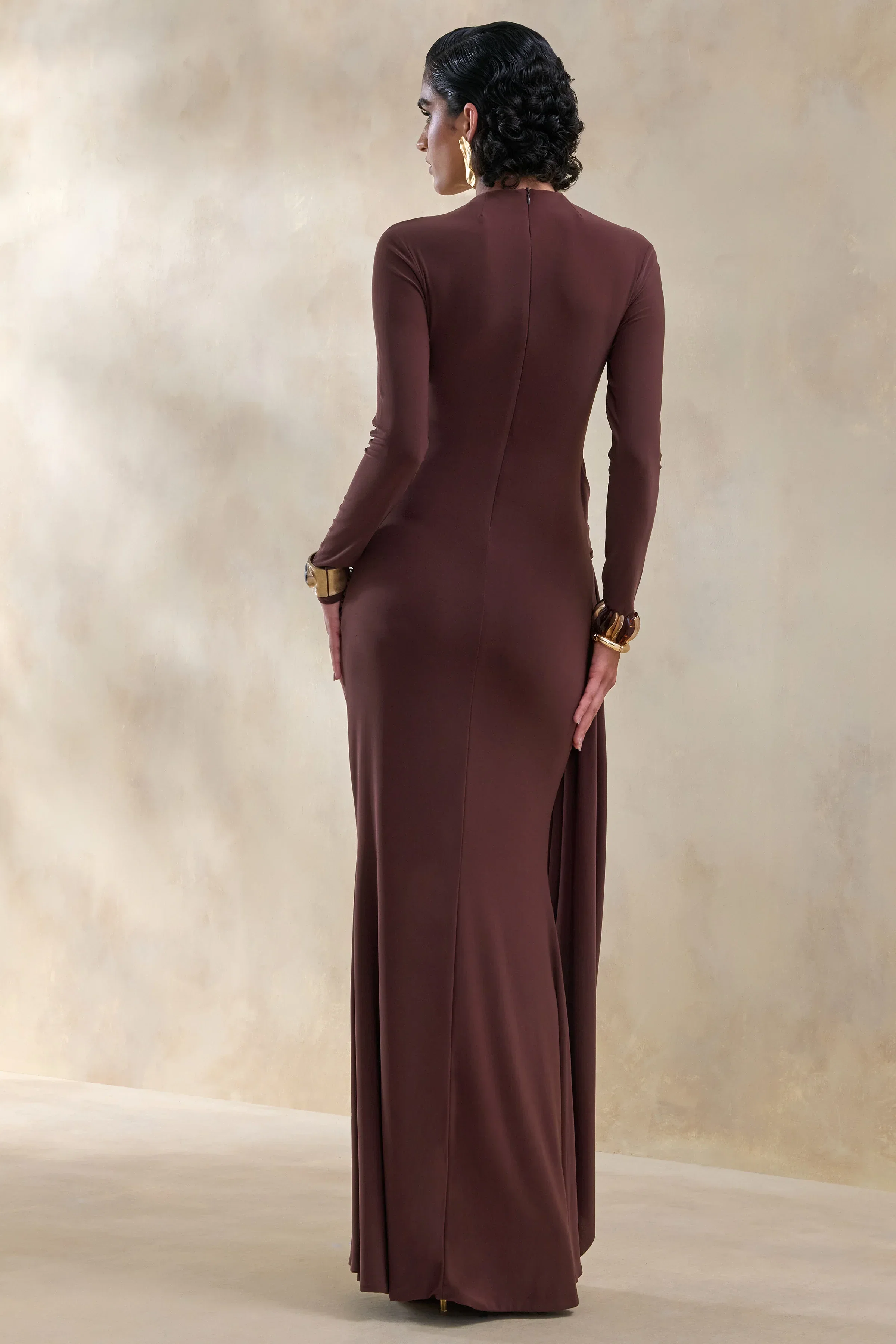 Kyrissa | Brown High-Neck Maxi Dress With Gathered-Detailing