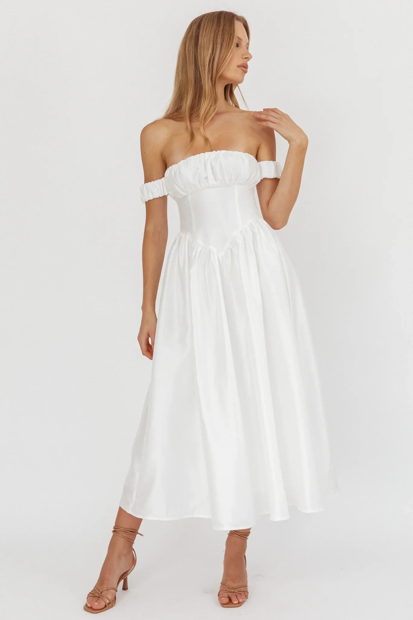 Heavens Above Off-Shoulder Basque Waist Midi Dress Ivory