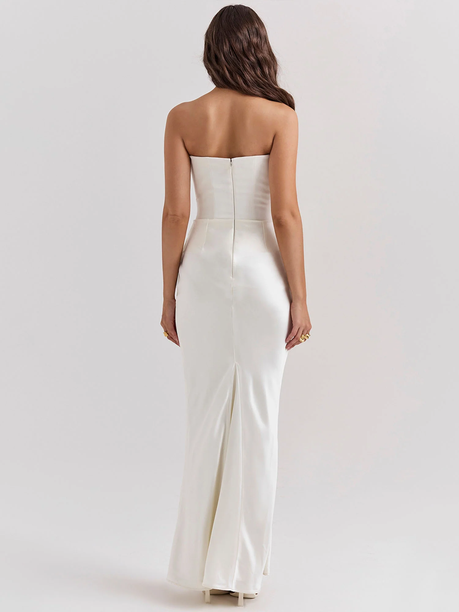 White Strapless Draped Bodycon Maxi Dress