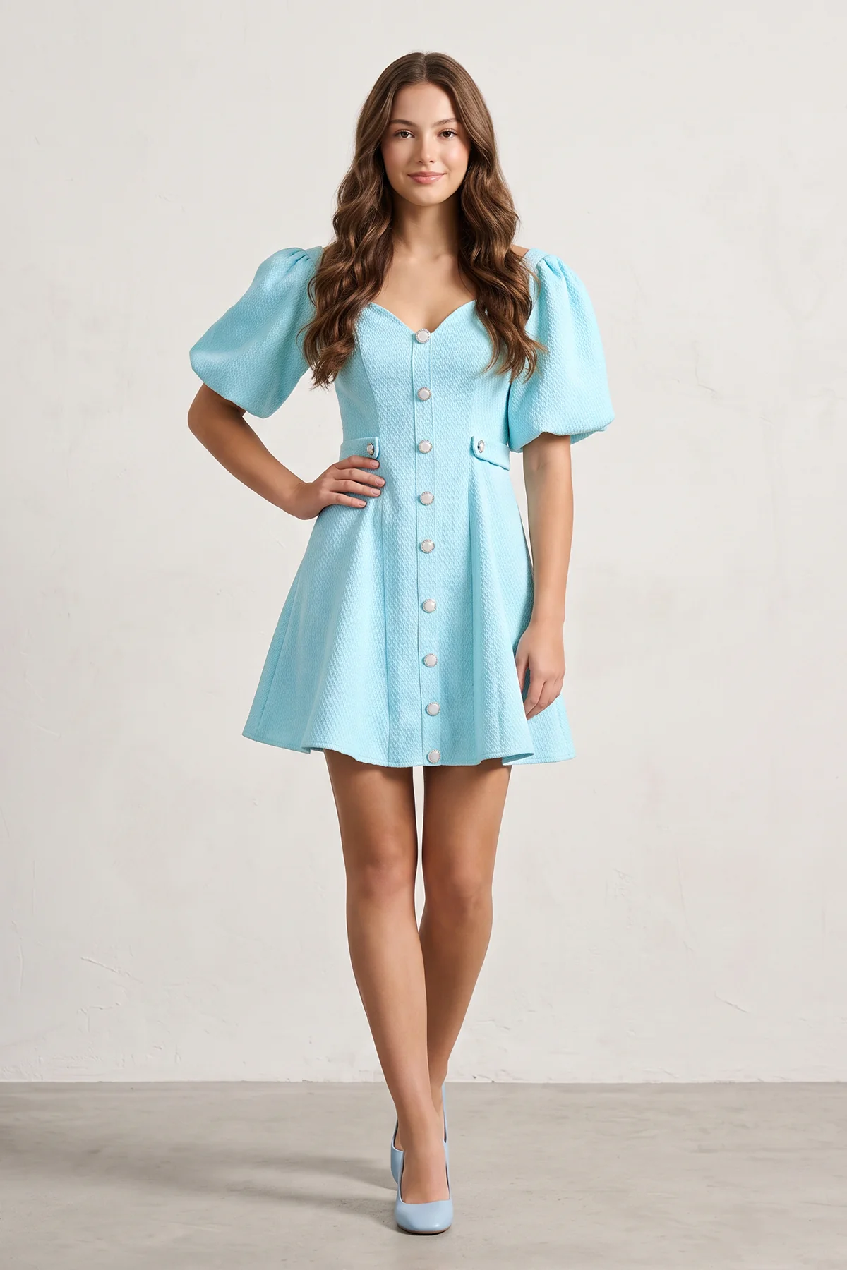 Blue A Line V Neck Textured Tweed Homecoming Dresses with Puffed Sleeves