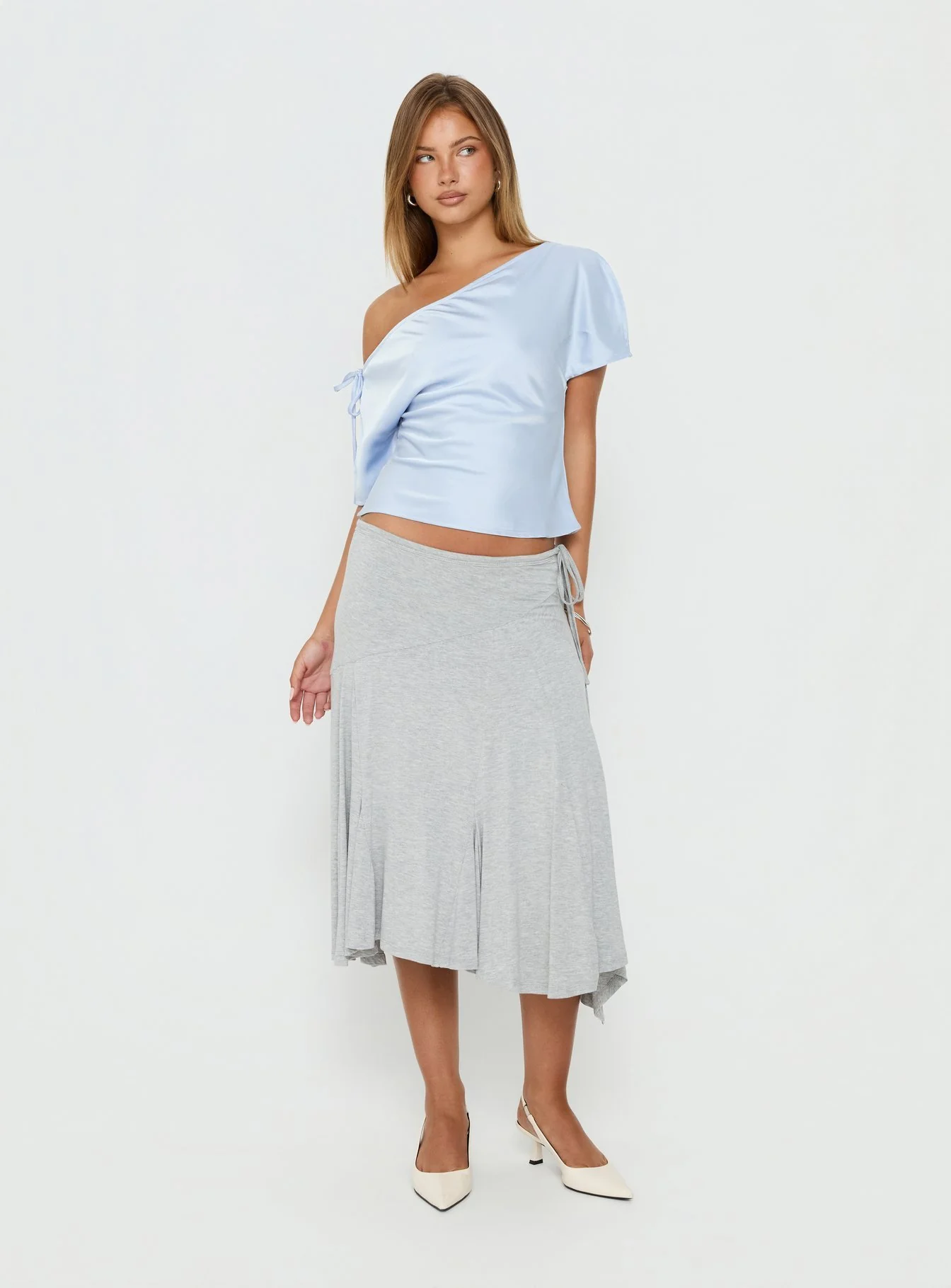 Faisa Off Shoulder Satin Top Powder Blue