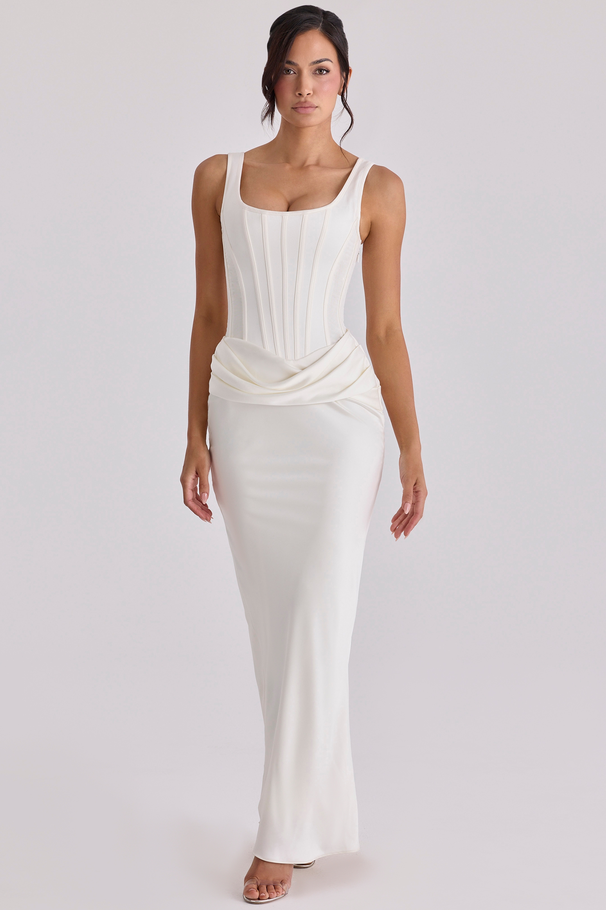 Ivory Satin Gathered Maxi Dress