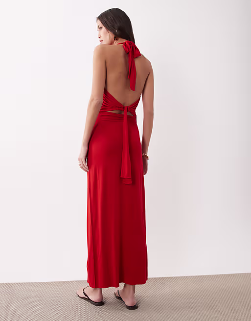 tie back halter neck midaxi dress in red