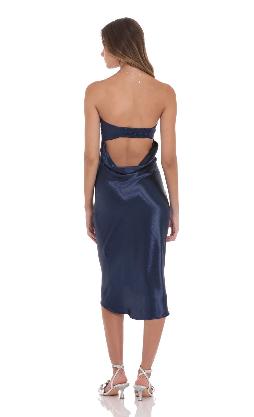 Strapless Satin Open Back Midi Dress in Navy