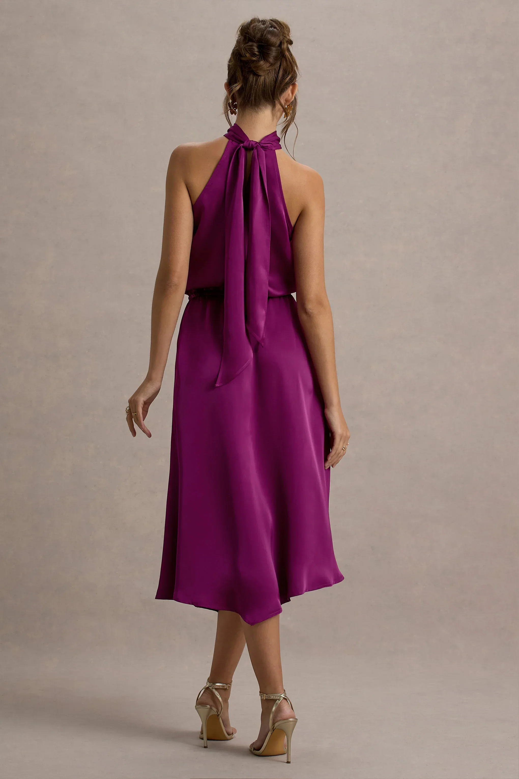 Palonia | Dark Pink Satin High-Neck Split Midi Dress