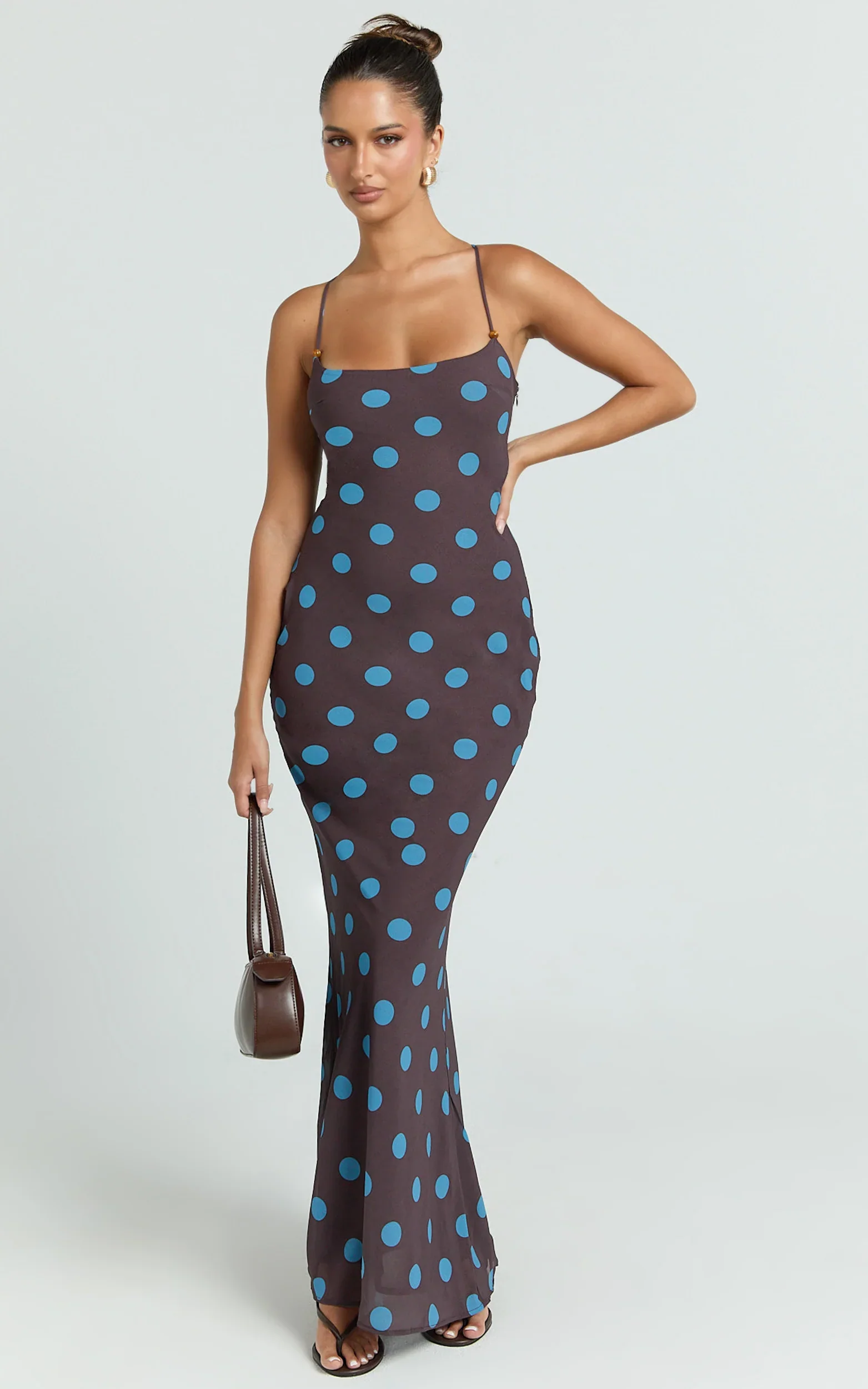 Krishna Maxi Dress - Strappy Scoop Neck Floral Placement Print Georgette Dress in Polka Dot Print