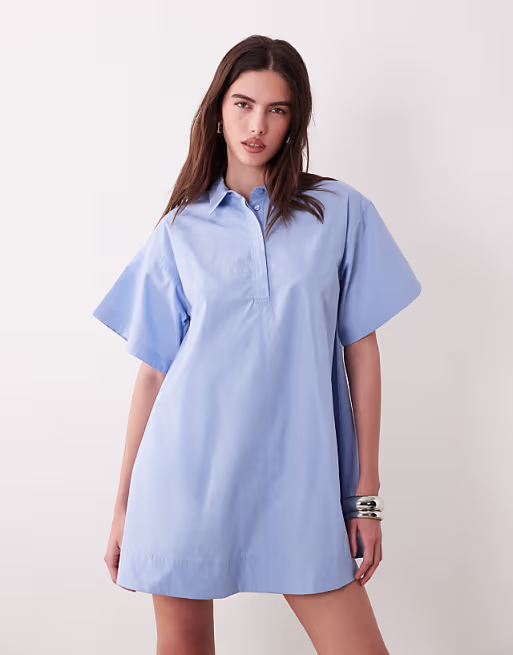 relaxed short sleeve poplin mini dress in dusky blue