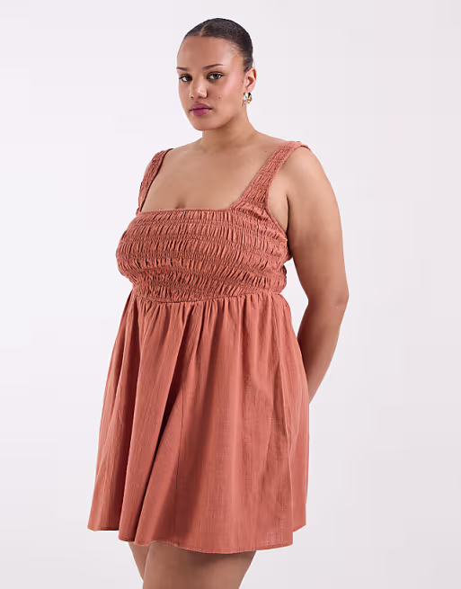 Curve Selina beach textured cotton shirred mini sundress in ginger
