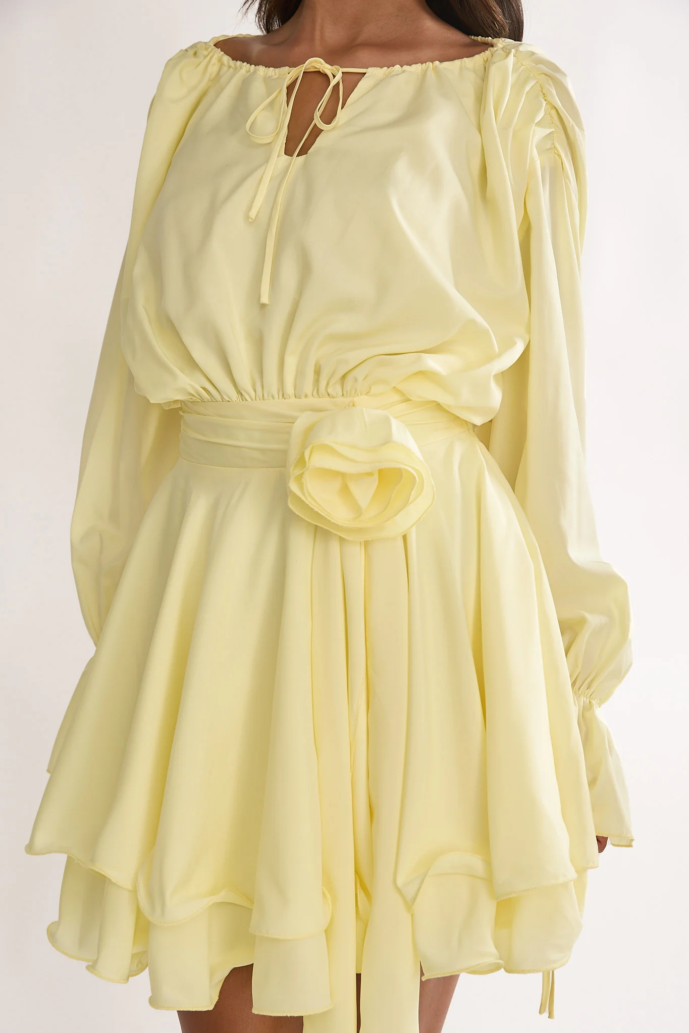 Maeva Long Balloon Sleeve Rosette Mini Dress Lemon - luluinthesky