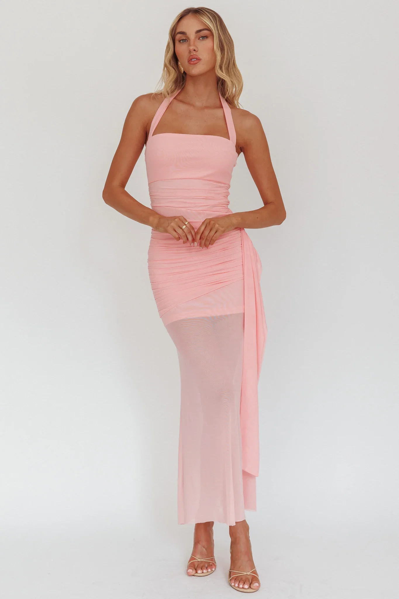 Rebekkah Halterneck Side Sash Maxi Dress Pink