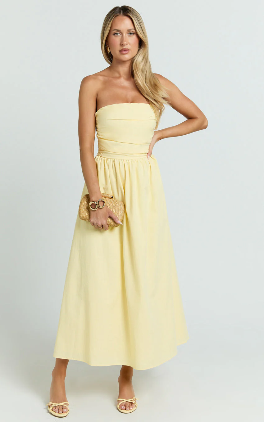 Polly Midi Dress - Strapless Ruched Dress in Lemon - luluinthesky