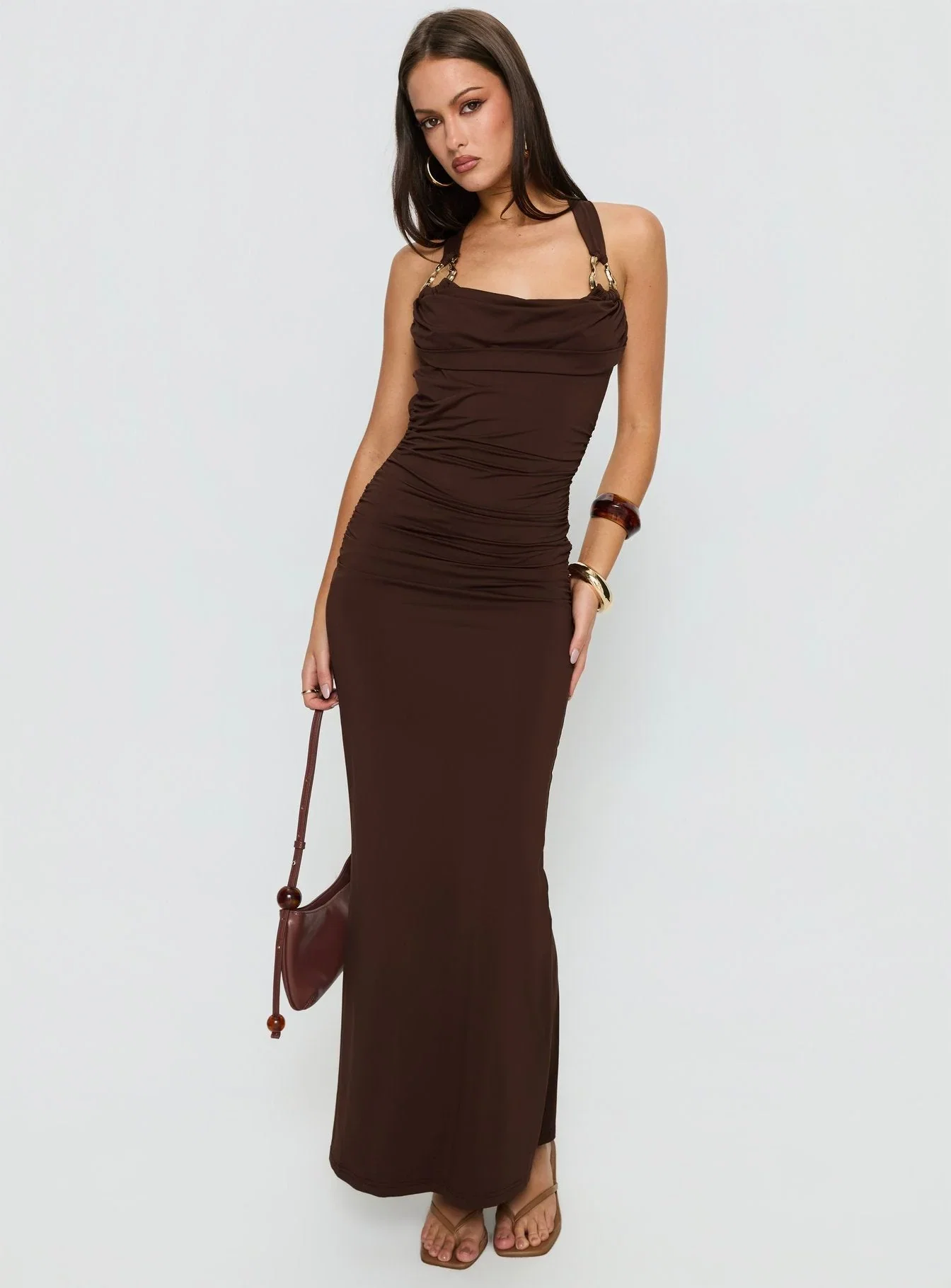 Josefa Ruched Hardware Maxi Dress Chocolate