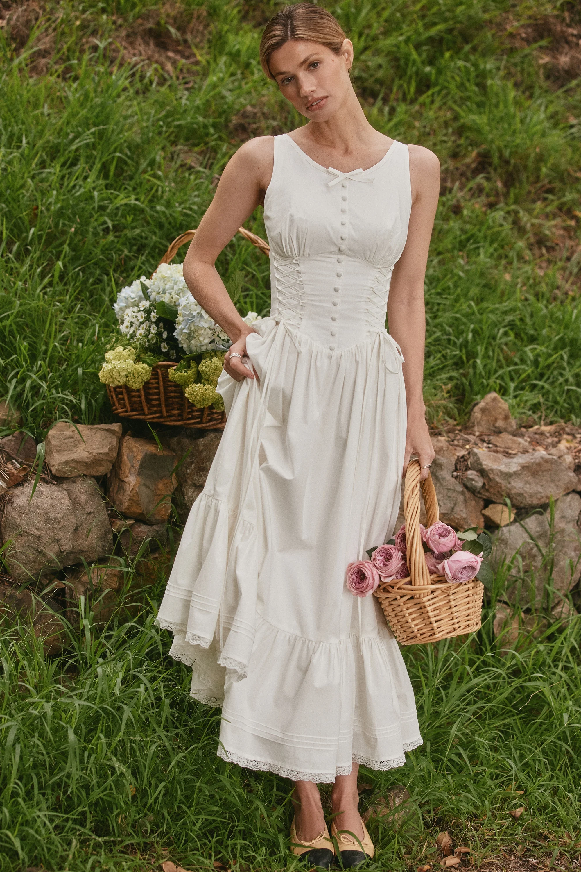 White Stretch Cotton Lace Up Midi Dress