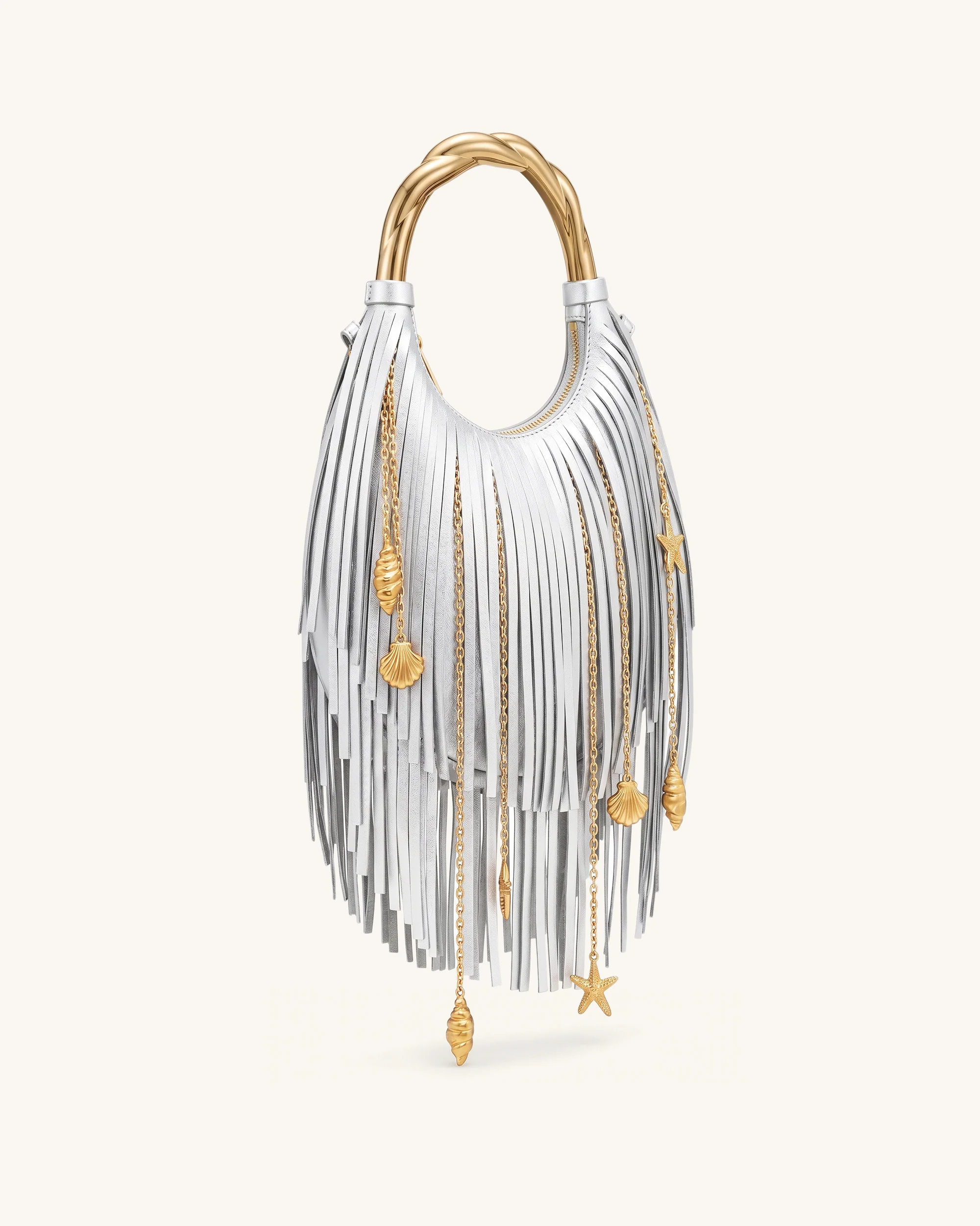 Chloe Metal Handle Fringe Top Handbag - Silver