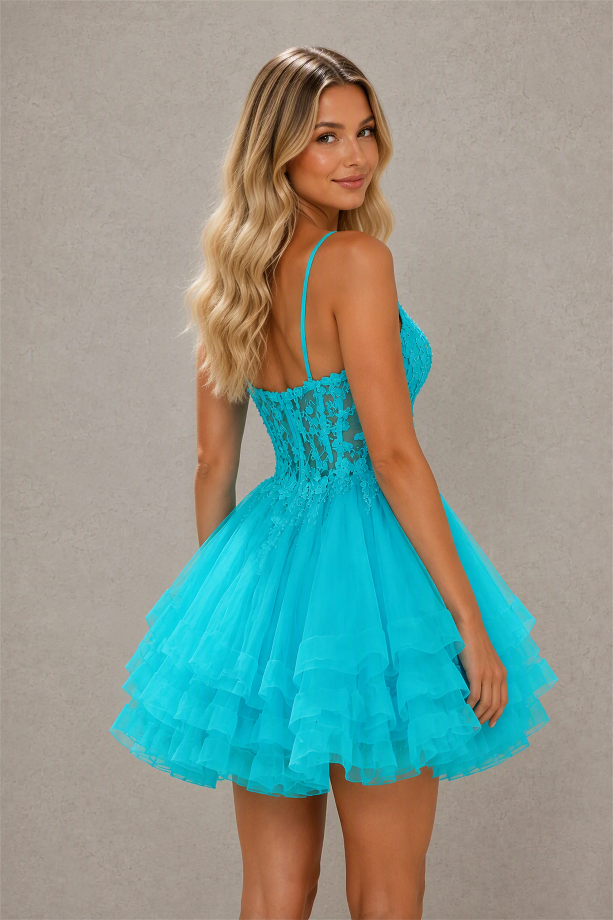 BOLODOO Turquoise 3D Floral Lace Corset Deep V Spaghetti Strap Tiered Tulle Mini Dress