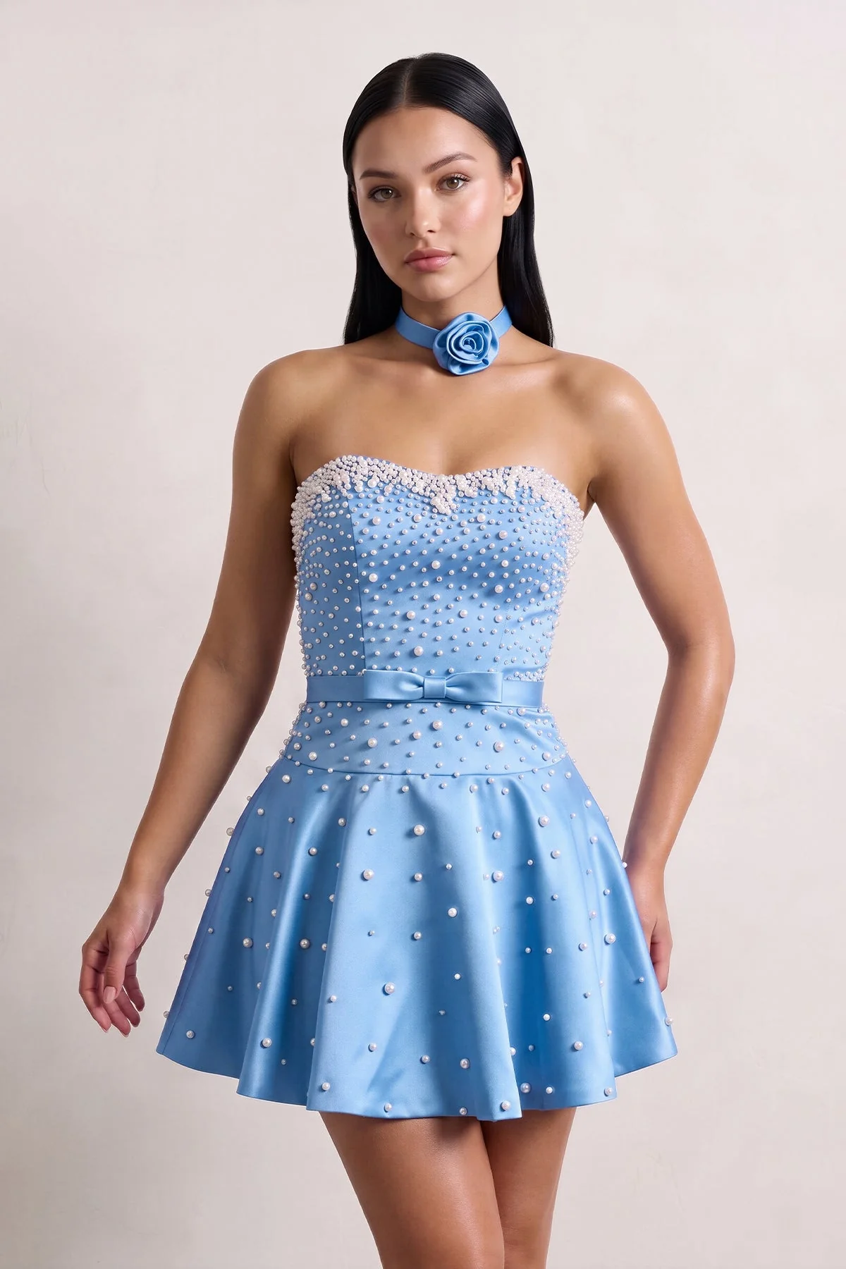 Hot Pink Strapless Pearl A-Line Satin Homecoming Dress With Bowknot