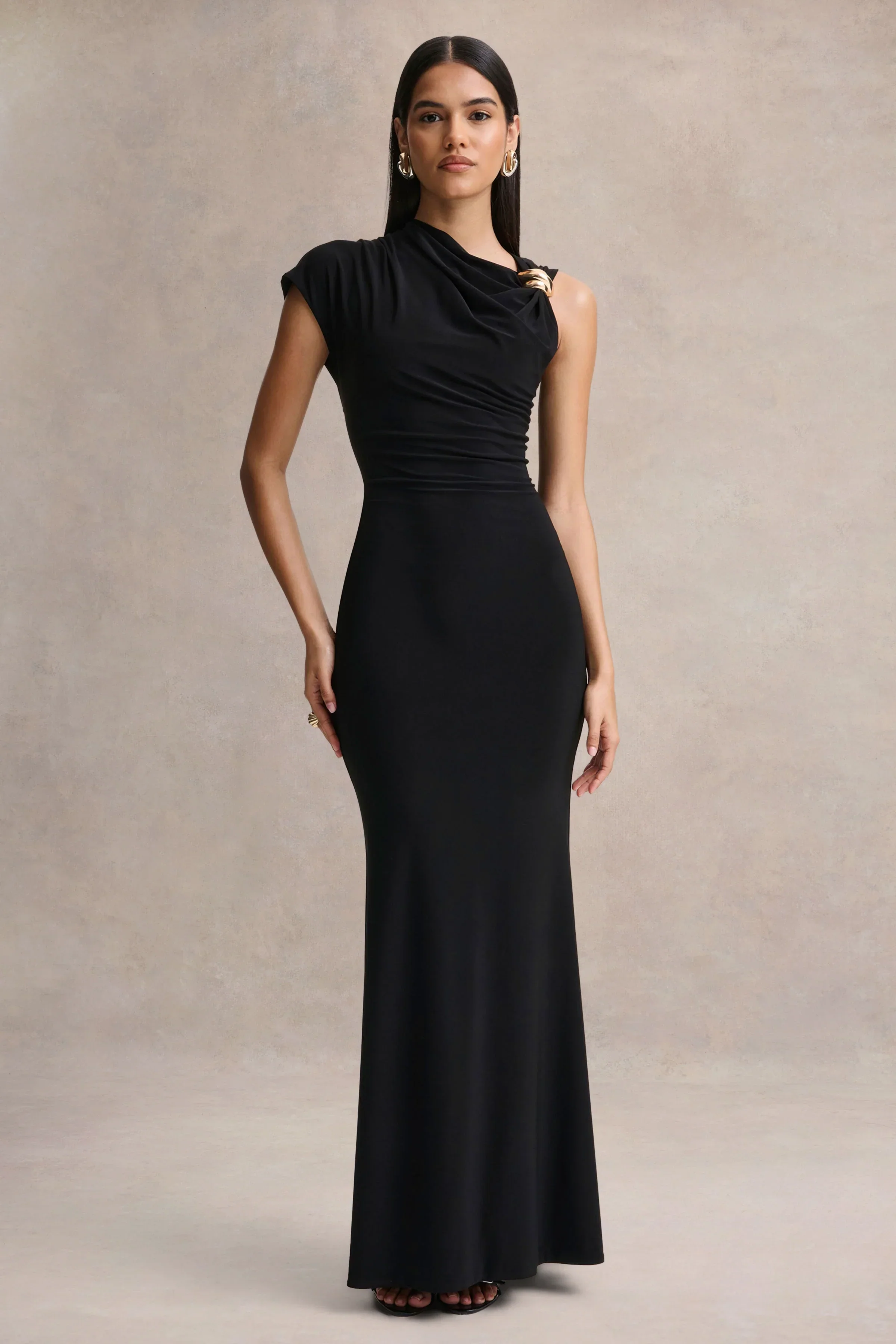 Blaire | Black Asymmetric-Neck Maxi Dress With Gold-Detailing