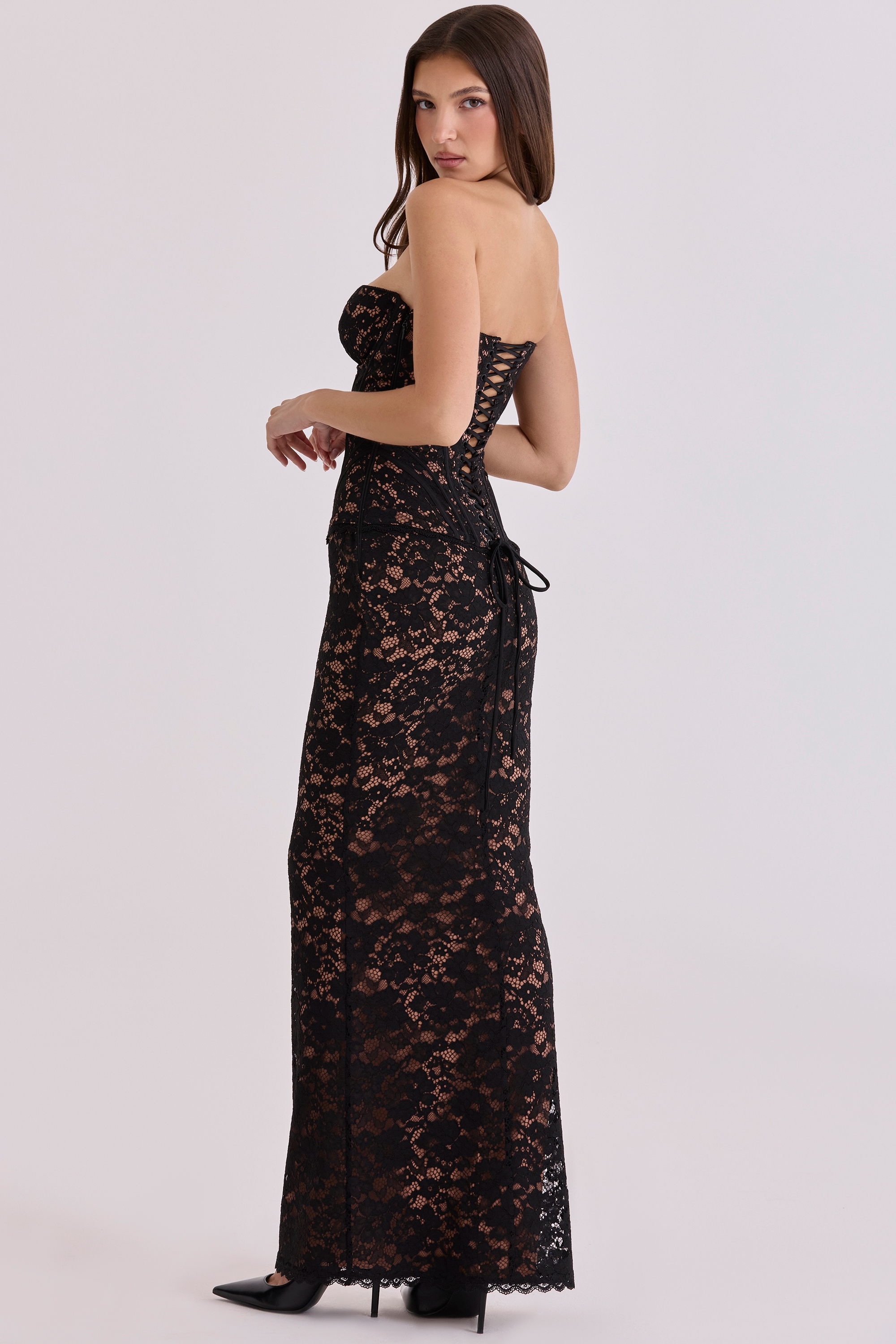 black + blush lace corset maxi dress
