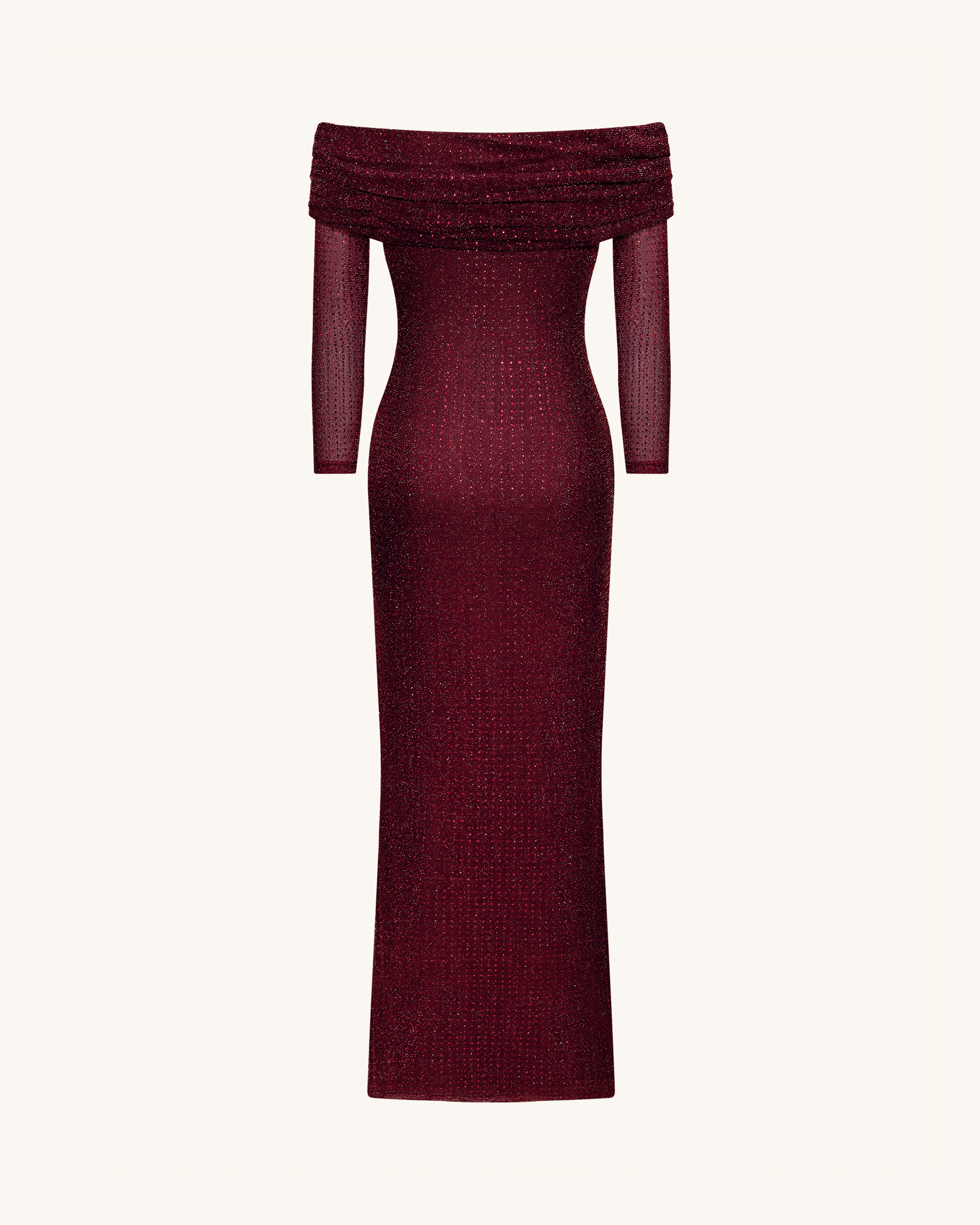 Rhinestone Mesh Off-Shoulder Maxi Dress - Claret - FASHION NOB
