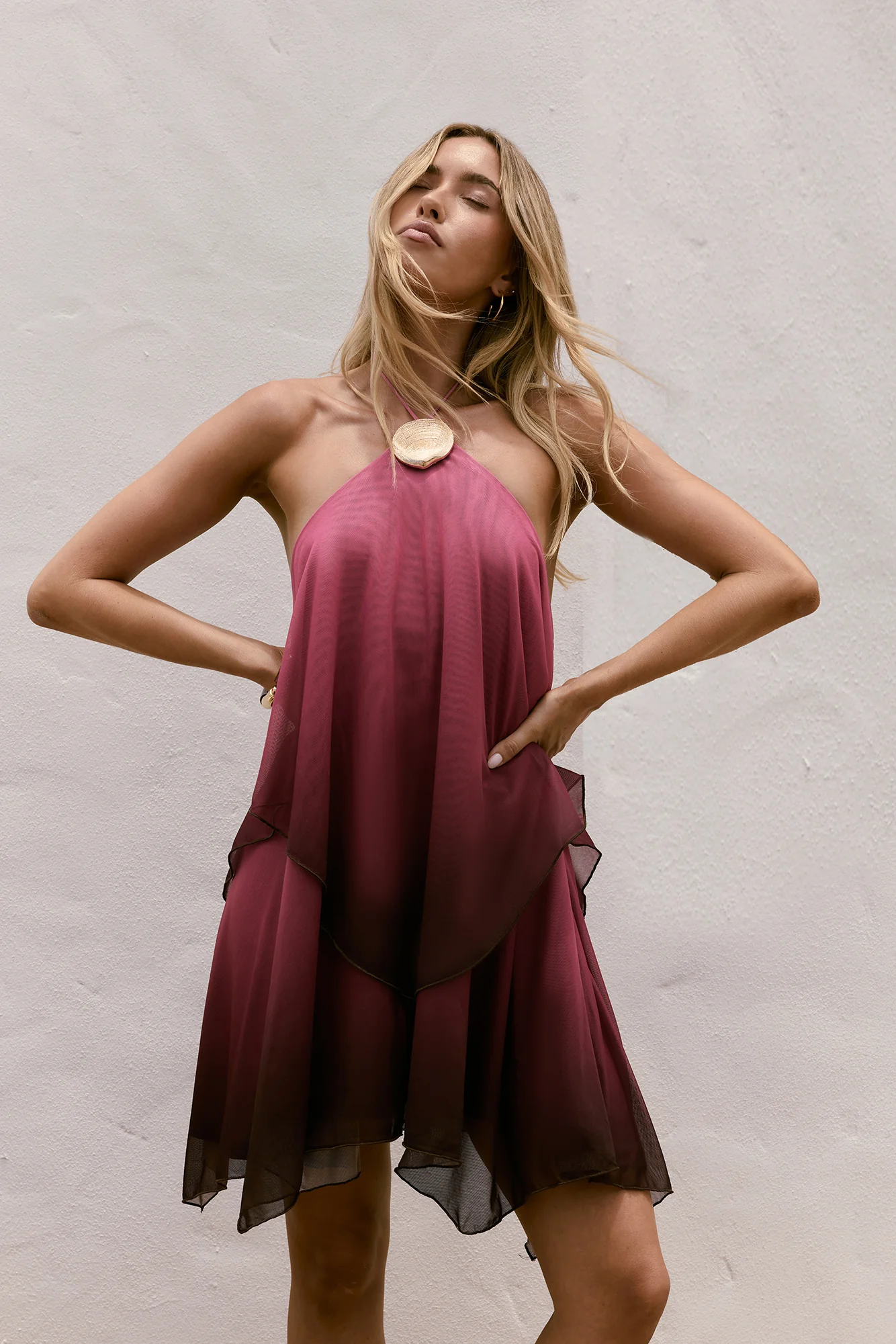 Daydream Diva Halter Mesh Mini Dress Plum