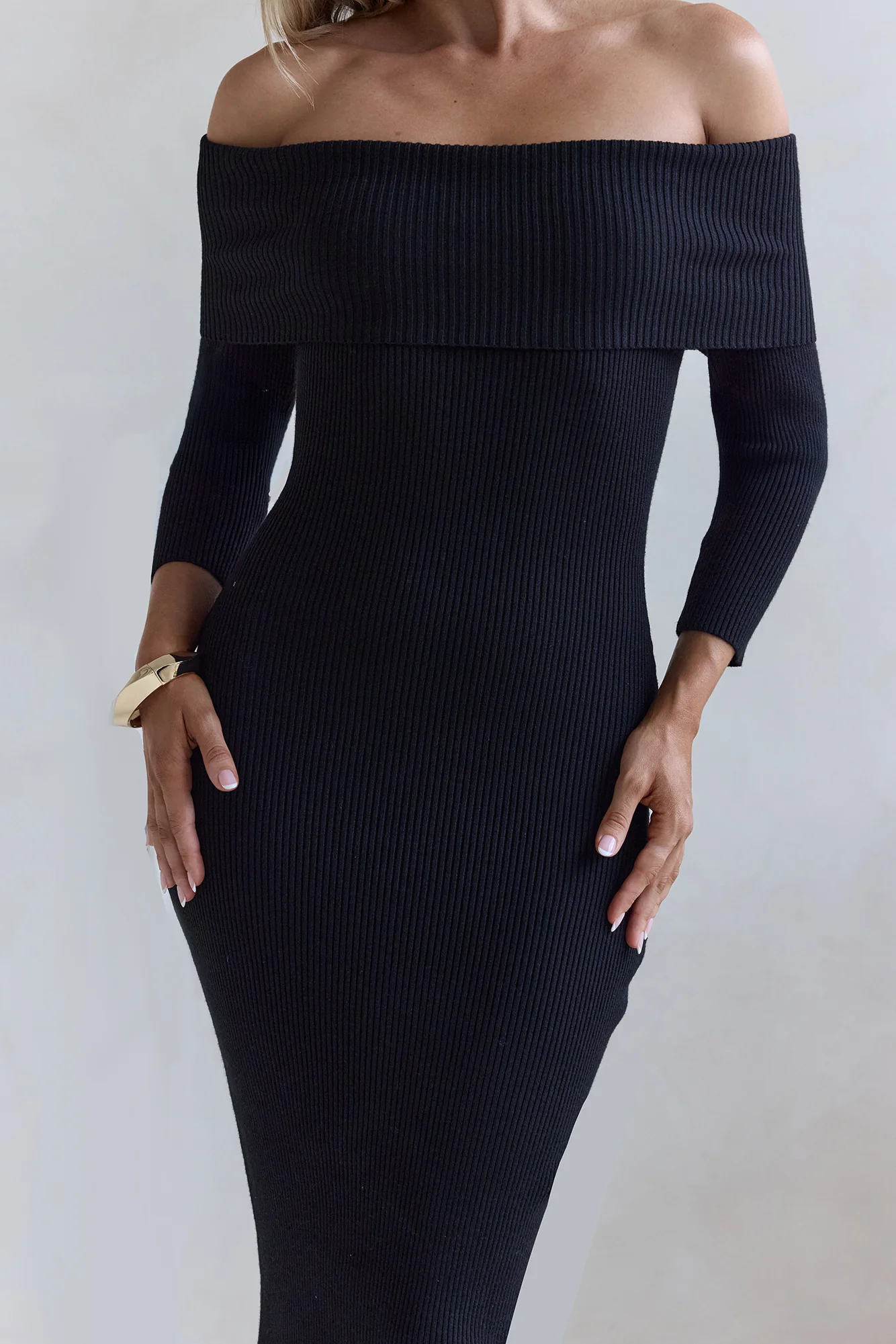 Chilled Luxe Off Shoulder Knit Maxi Dress Black