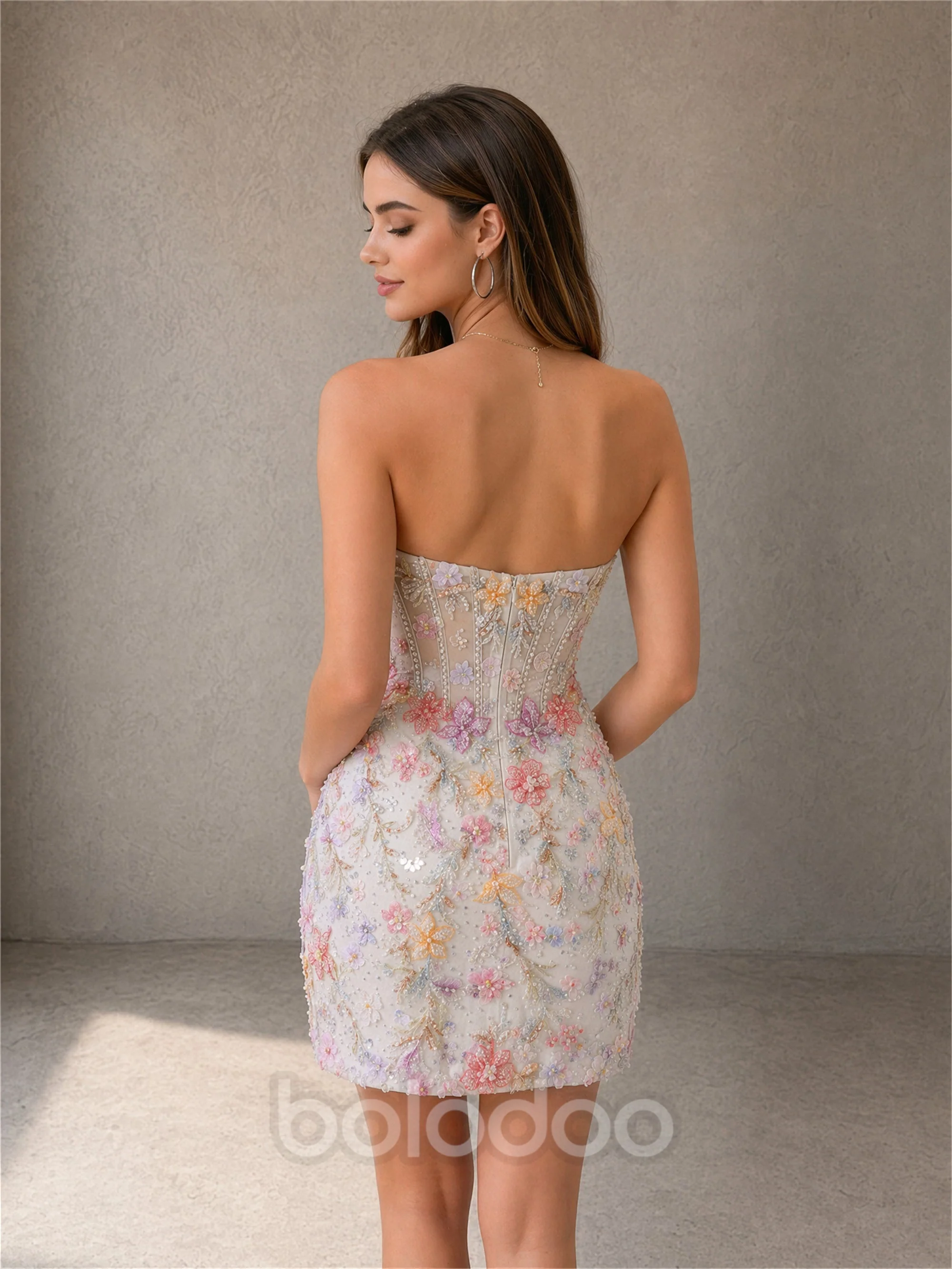 BOLODOO Ivory 3D Floral Butterfly Embroidered Sweetheart Strapless Corset Mini Dress BD0416