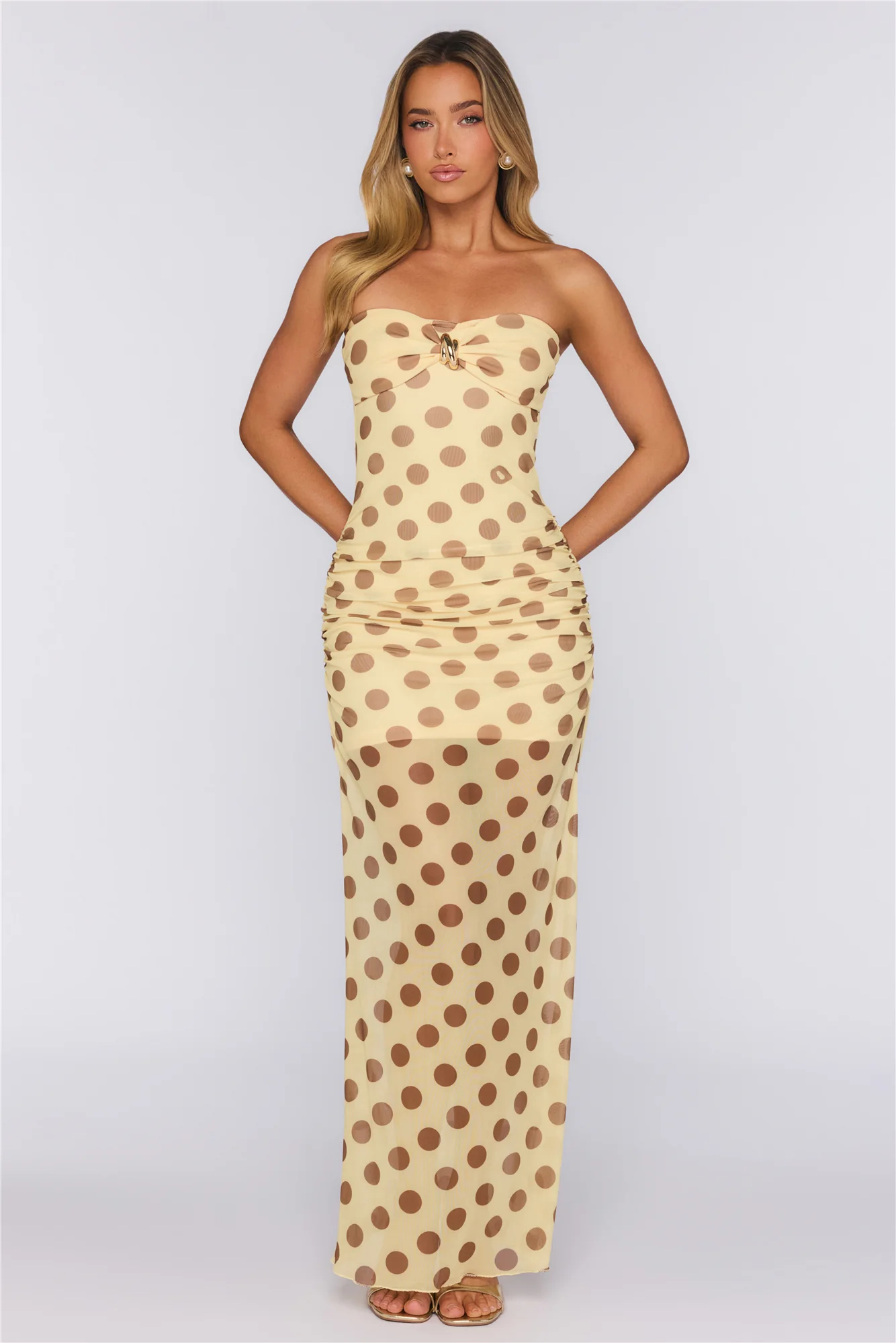 Love After Dark Mesh Polka Dot Strapless Maxi Dress Yellow