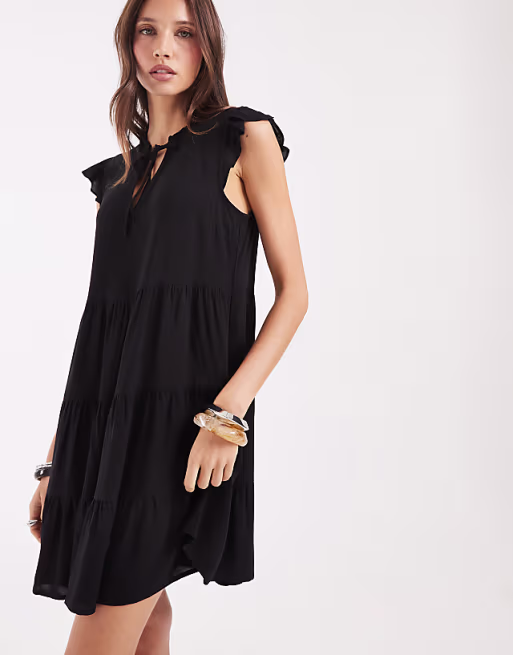Vero Moda ruffle trim babydoll mini dress in black