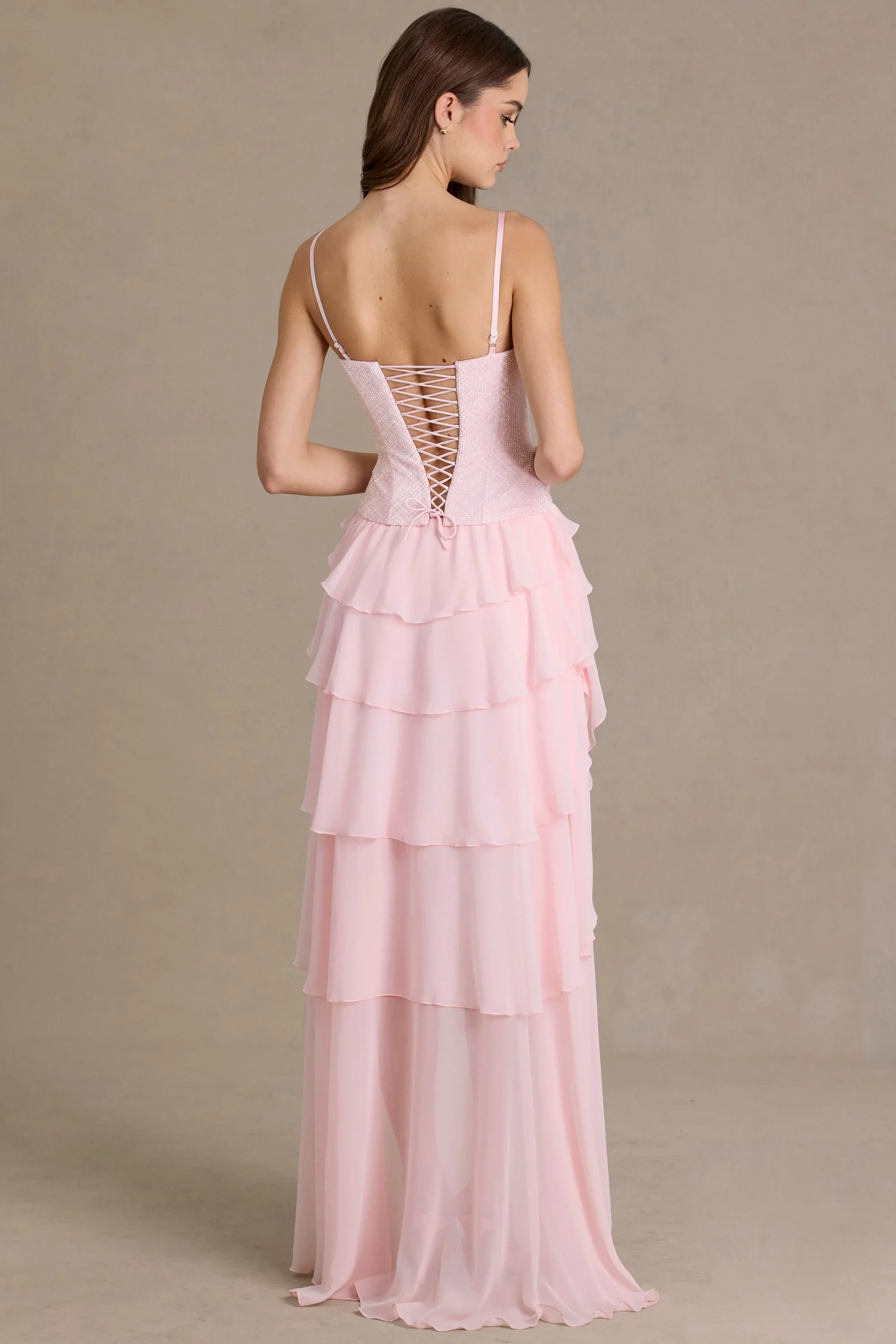 Embellished Cowl-Neck Corset Gown in Baby Pink