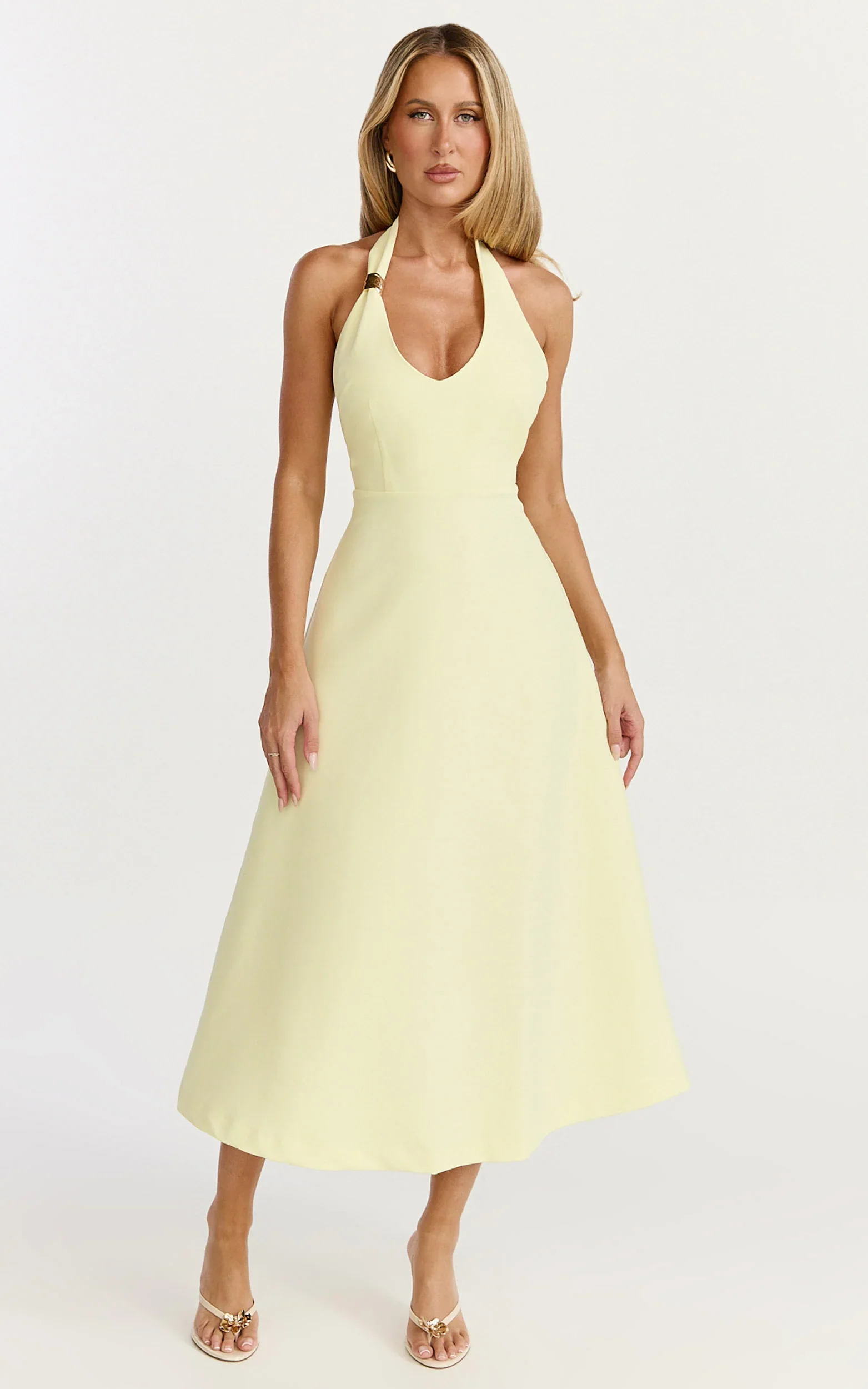 Leilani Midi Dress - Plunge Neck Hardware Fit and Flare Dress in Lemon