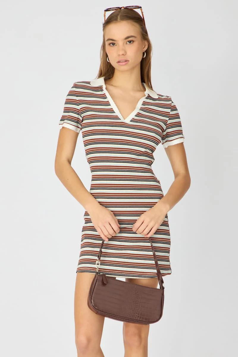Multi Stripe Contrast Collar Short Sleeve Mini Dress