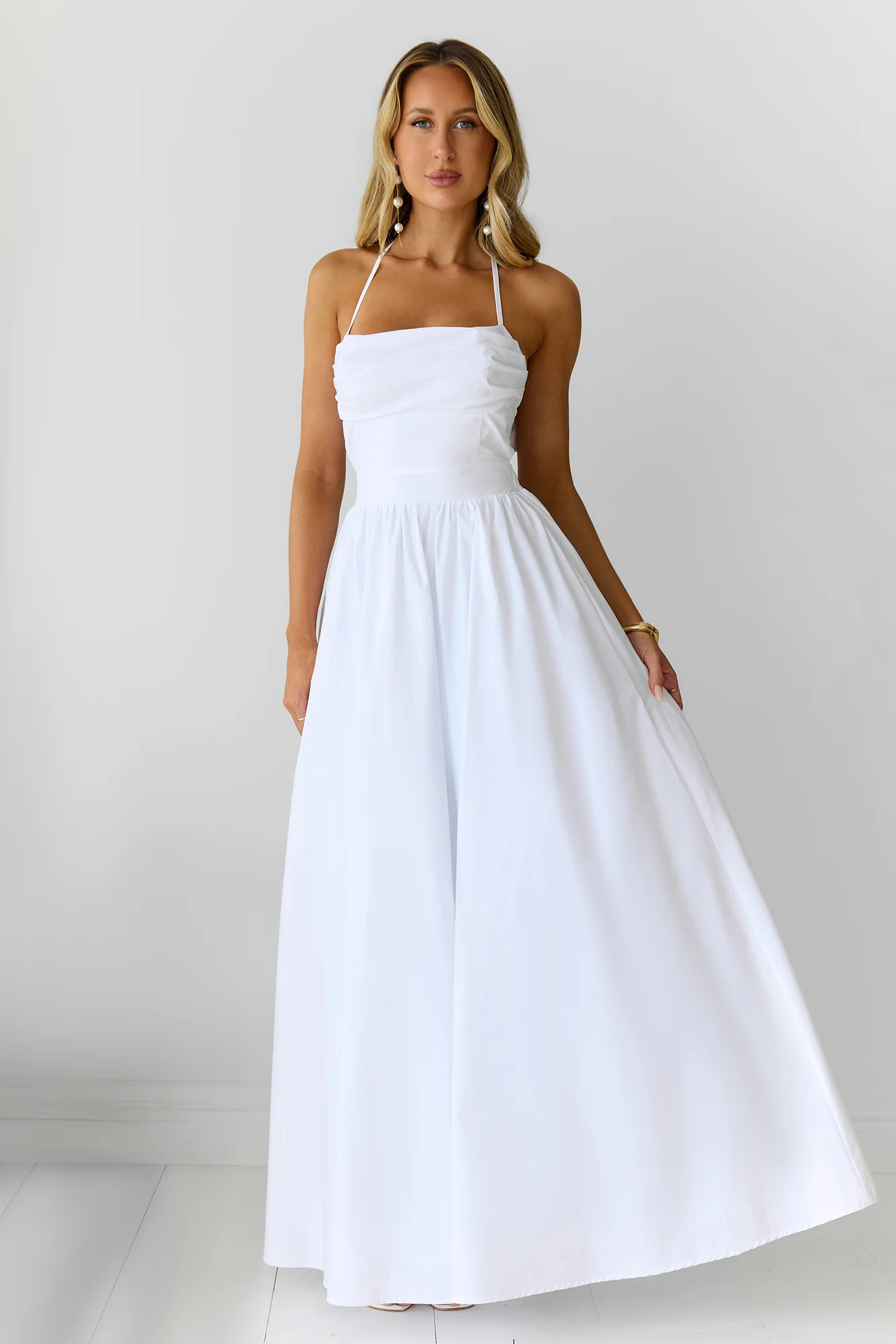 Feathered Snow Halter Maxi Dress White