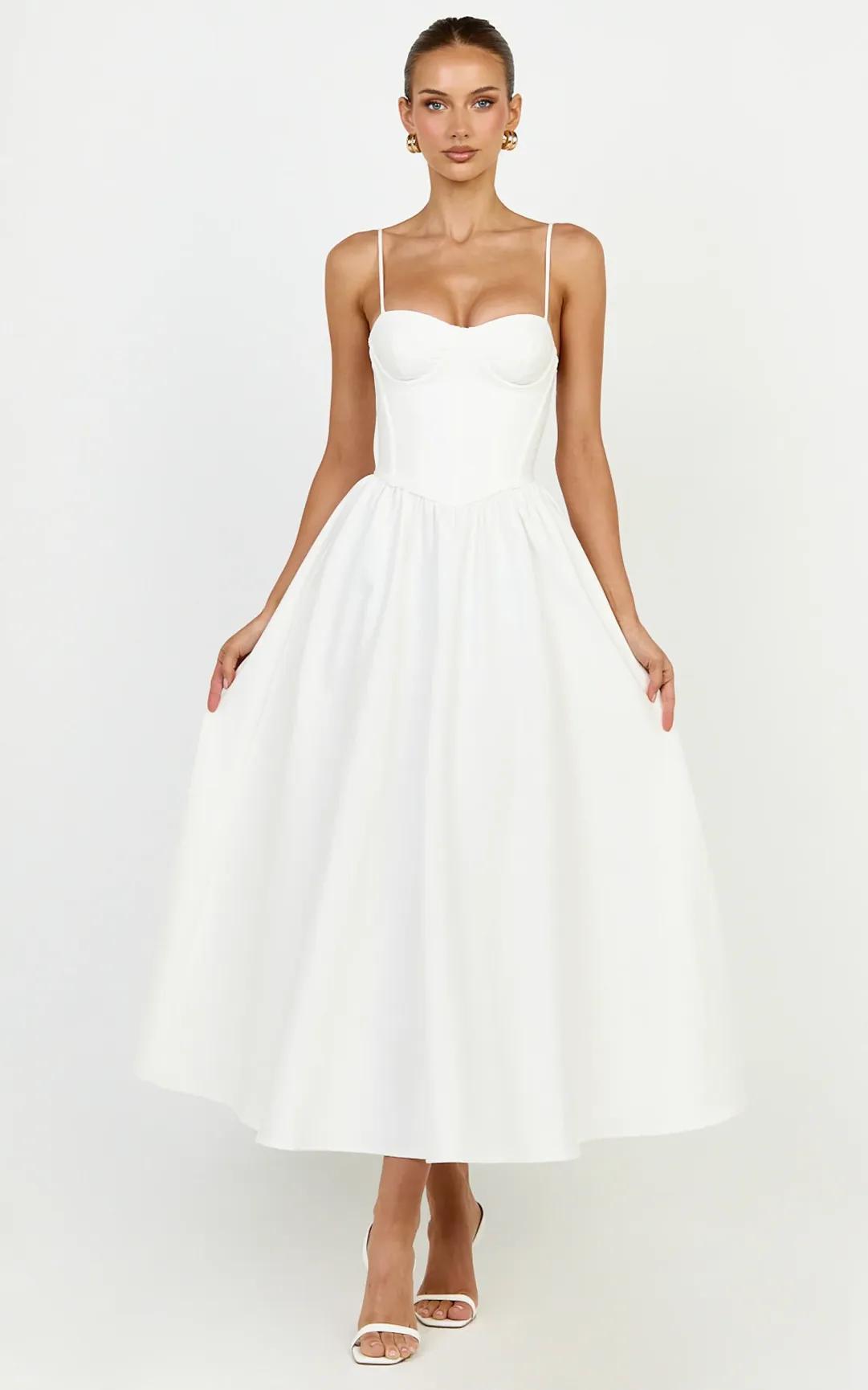 Seren Midi Dress - Corset Bodice Fit And Flare Dress in White - IRIS PETAL