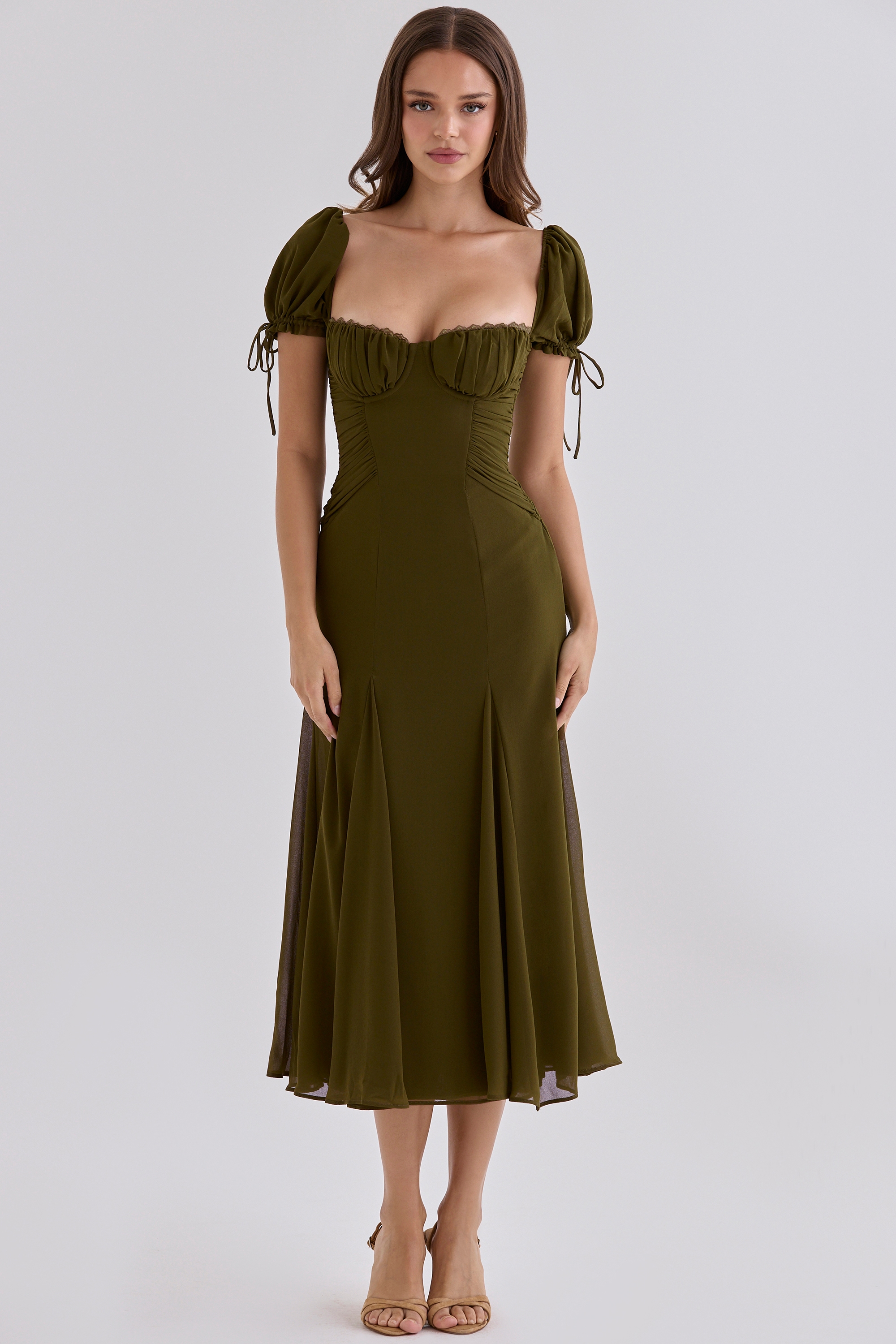 Olive Chiffon Puff Sleeve Midi Dress