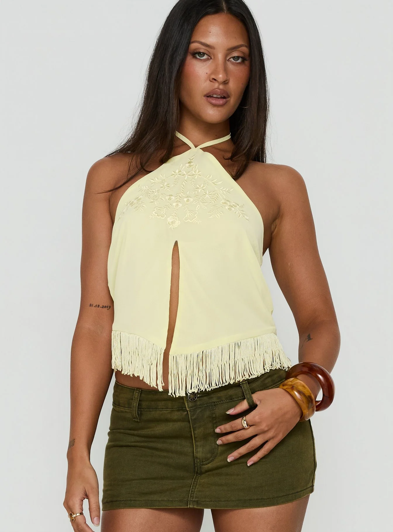 Junaya Arrowneck Fringe Detail Top Lemon
