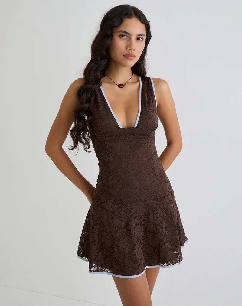 Luscian Mini Dress in Lace Chocolate with Blue Binding