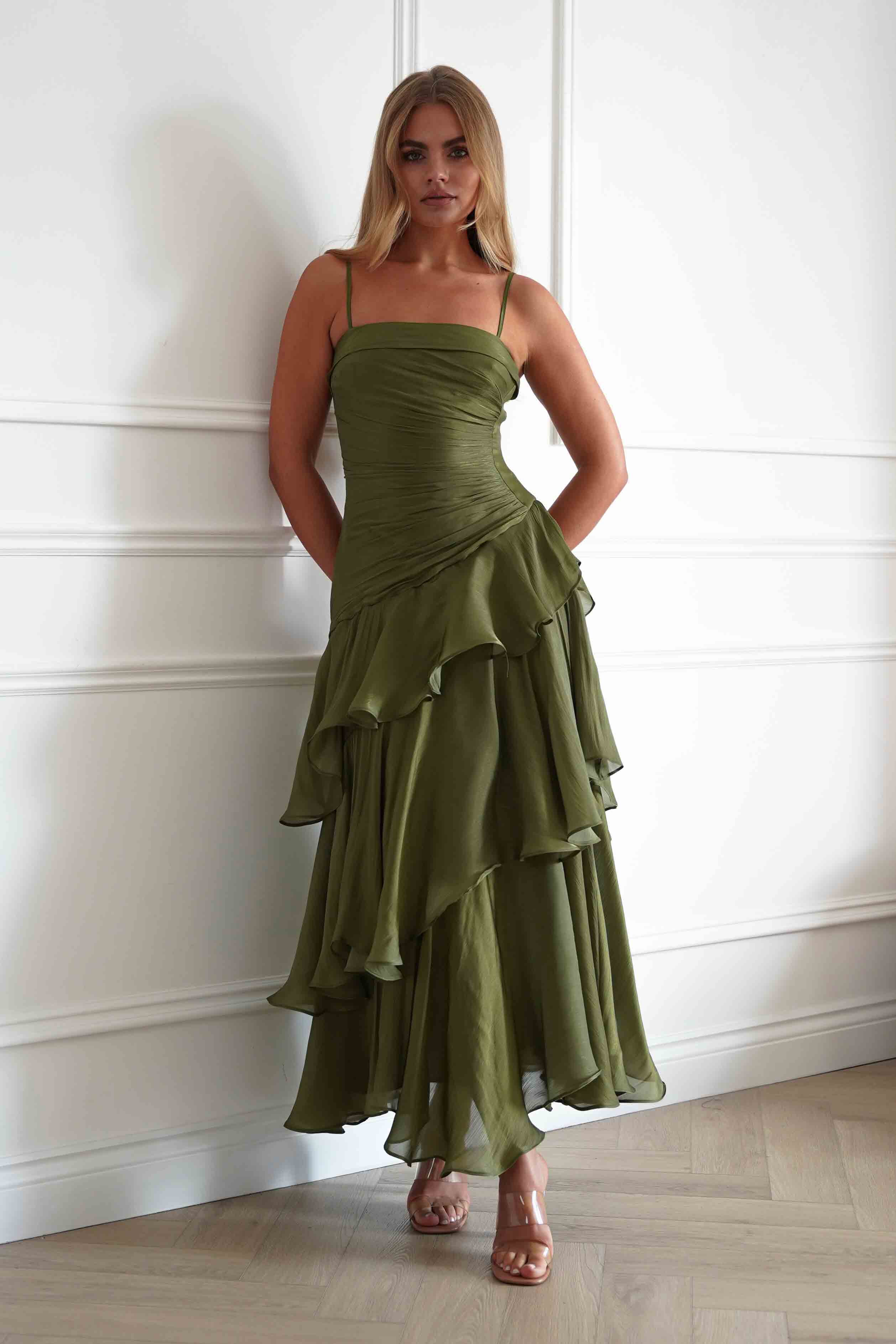 Renee Luminescent Ruffle Maxi Dress | Olive