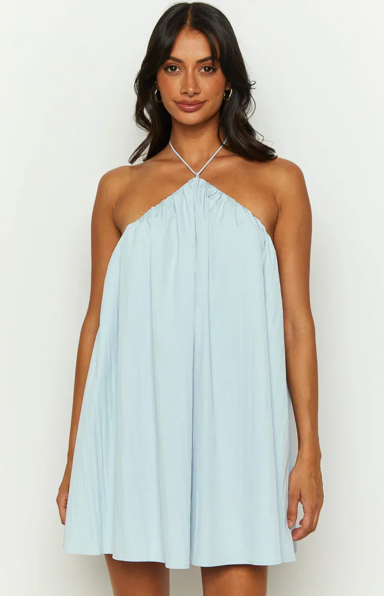 Talei Blue Halter Puff Mini Dress