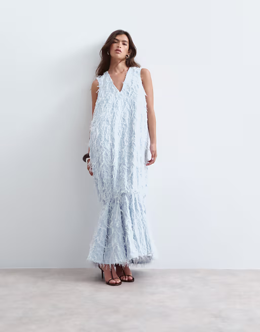 ARRANGE textured maxi dress with frill detail in blue