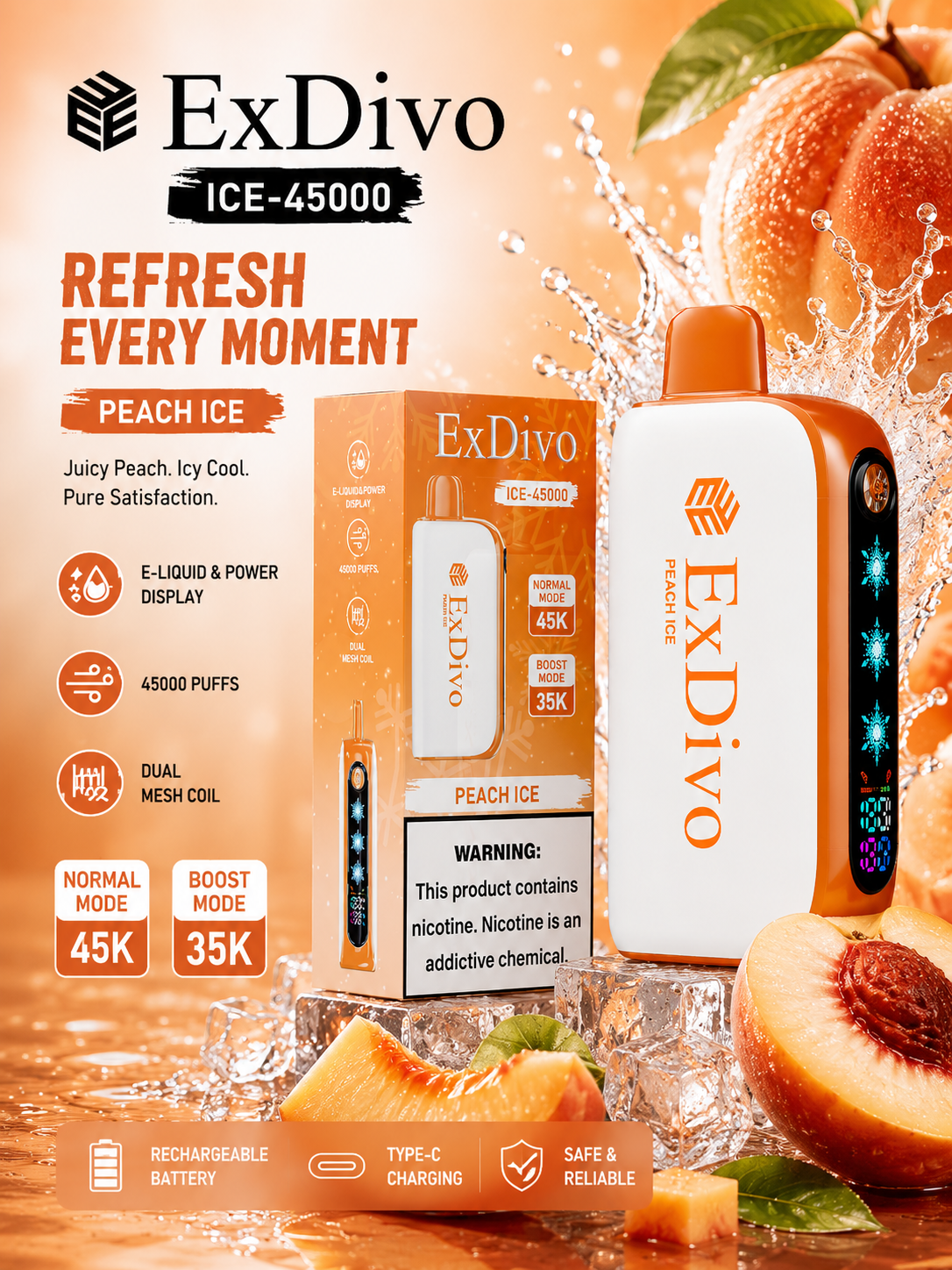 ExDivo Ice Flame Vape 45000 Puffs——PEACH ICE