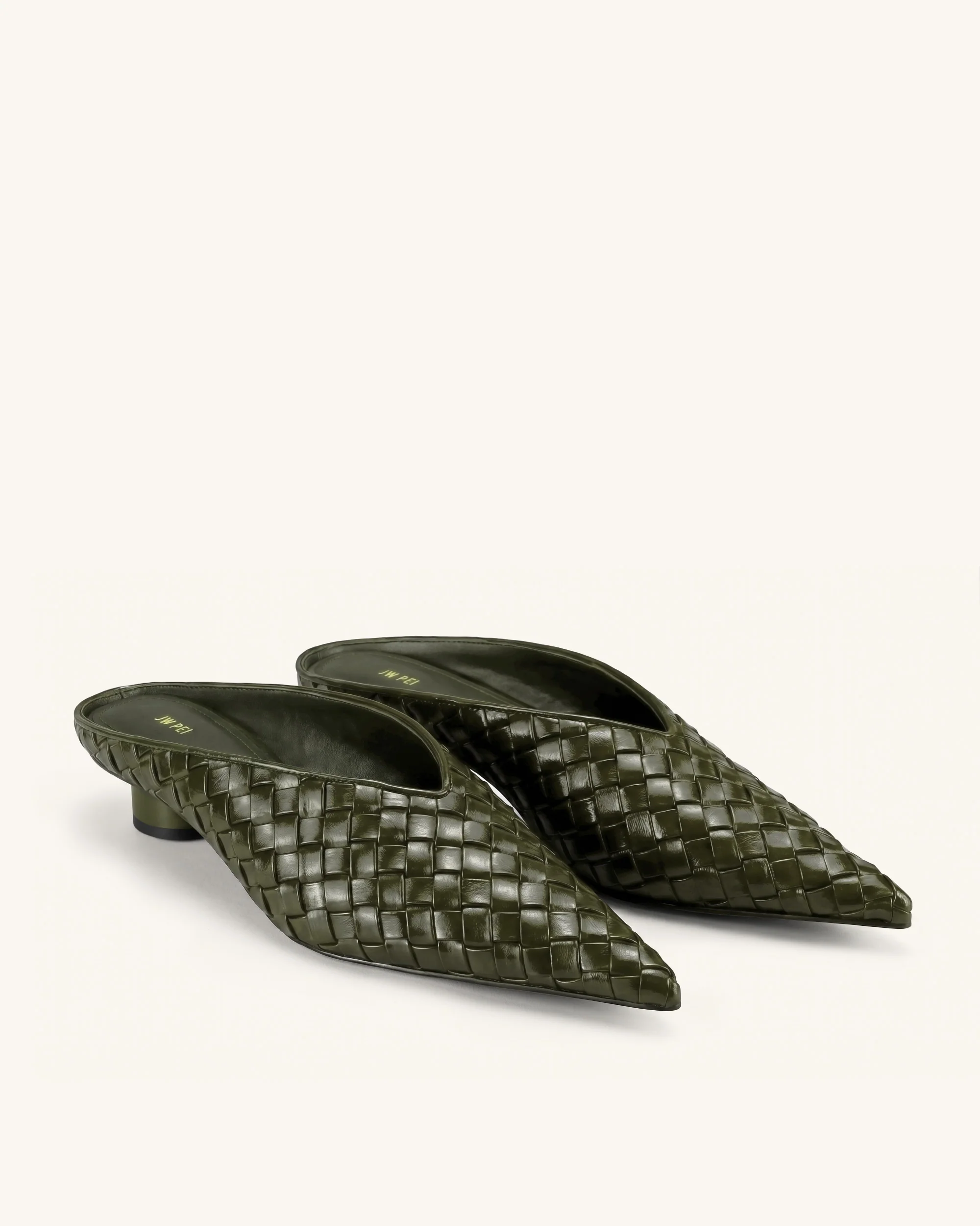 Helena Woven Textured Pointed Toe Mules - Olive Green