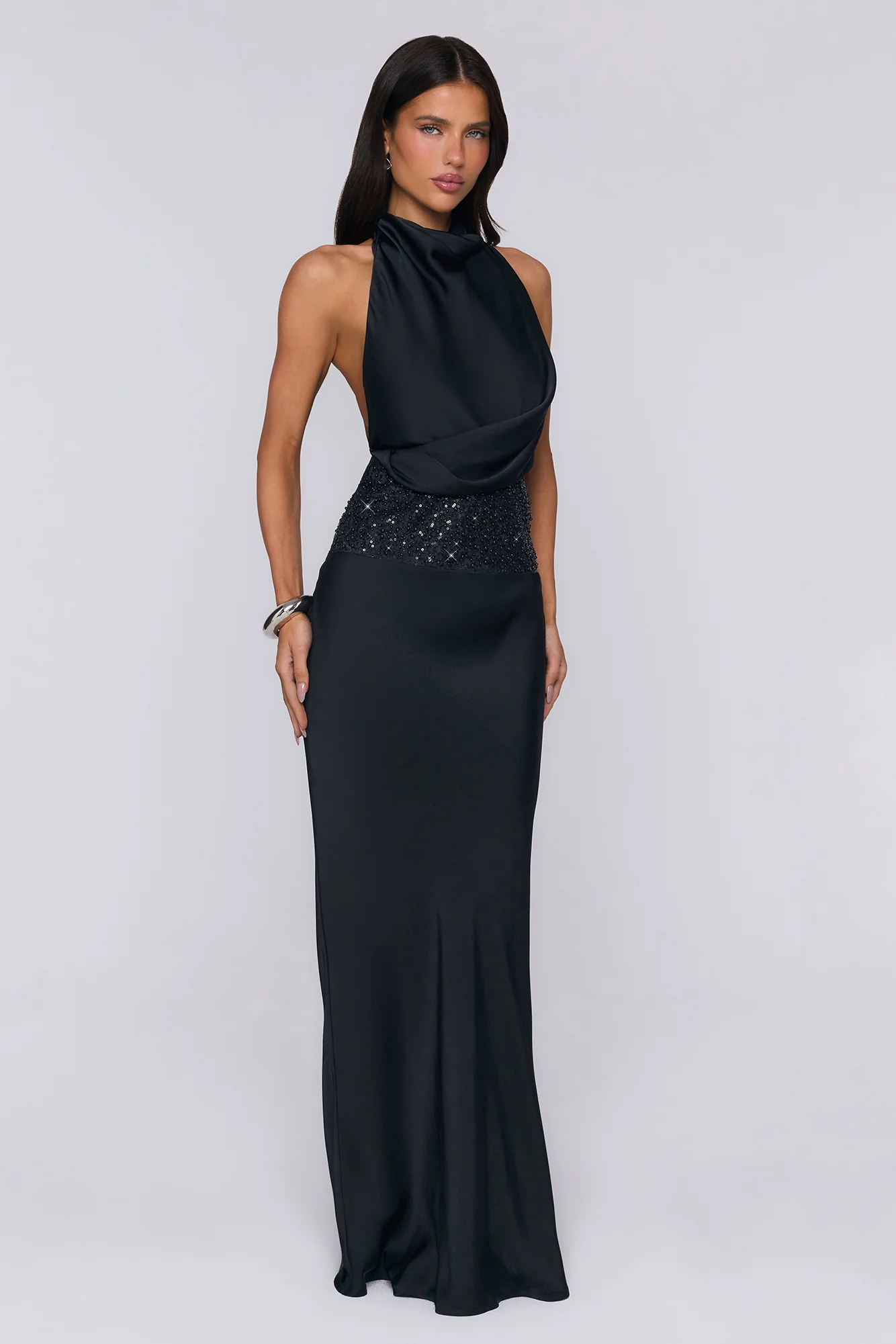 Gossip And Glitter Halter Satin Maxi Dress Black