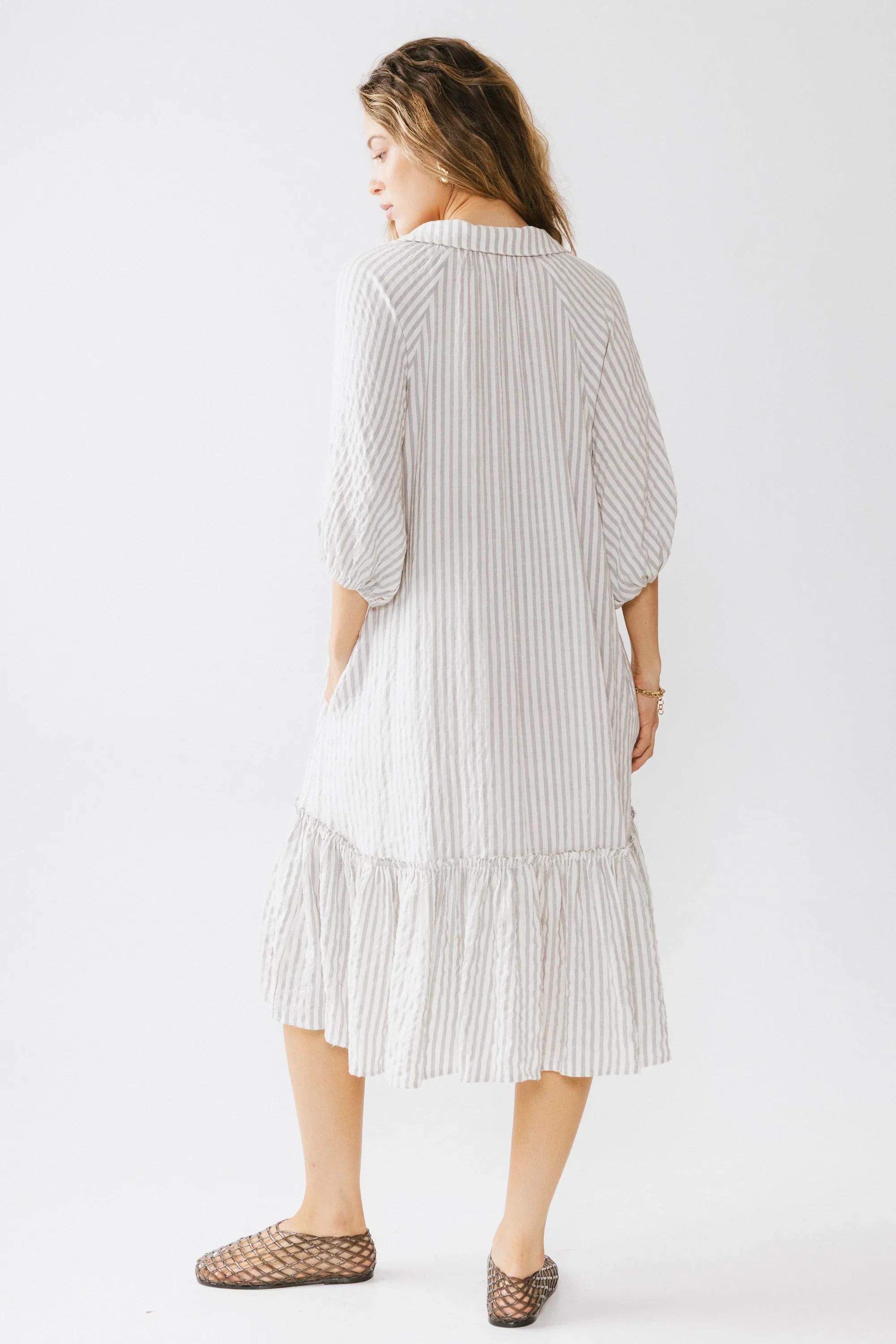 Theo Striped Midi Dress in Grey