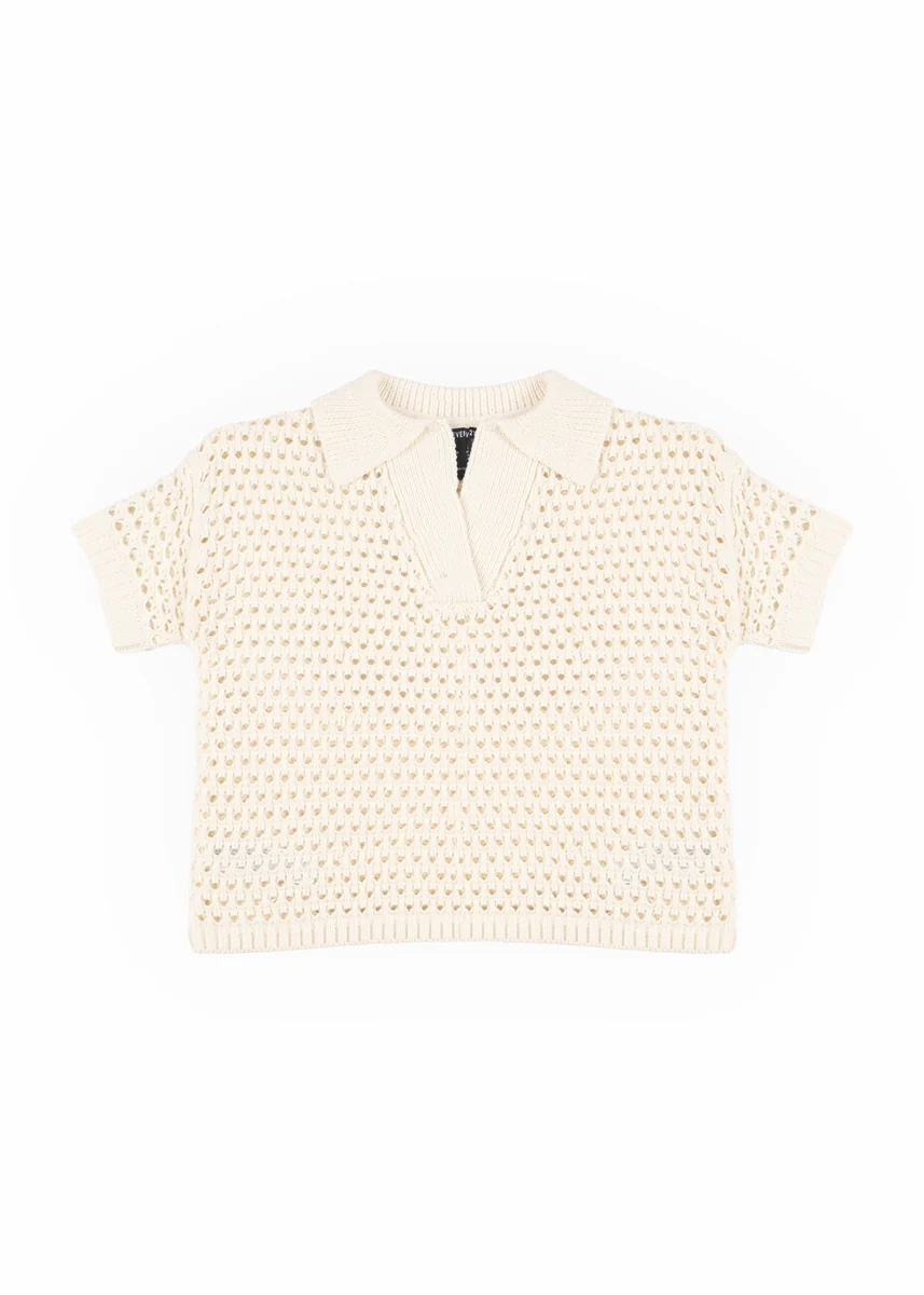 Short-Sleeve Crochet Collared Sweater Top