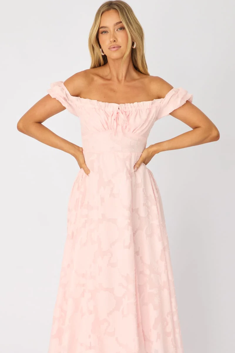 Pink Midi Dress Puff Sleeve