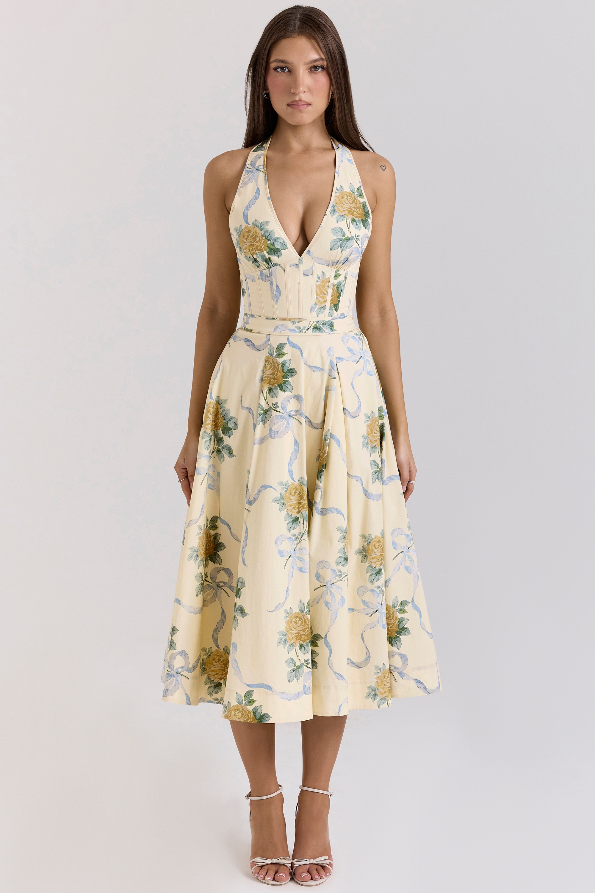 Lemon Ribbon Stretch Cotton Halter Midi Sundress